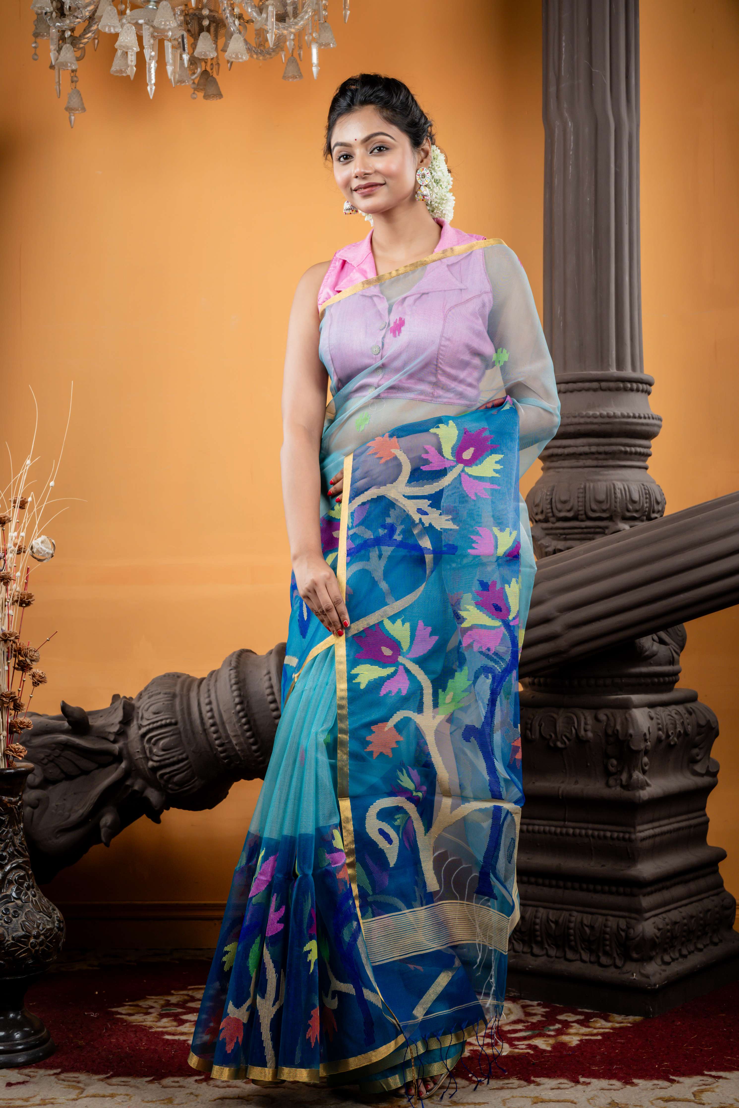 Nilaprabha || Aqua Blue Premium Muslin Bengal Handloom Saree with all over Multi-colour Jamdani Buta and Peacock Blue 'Mahapadh - Floral' Border & Pallu