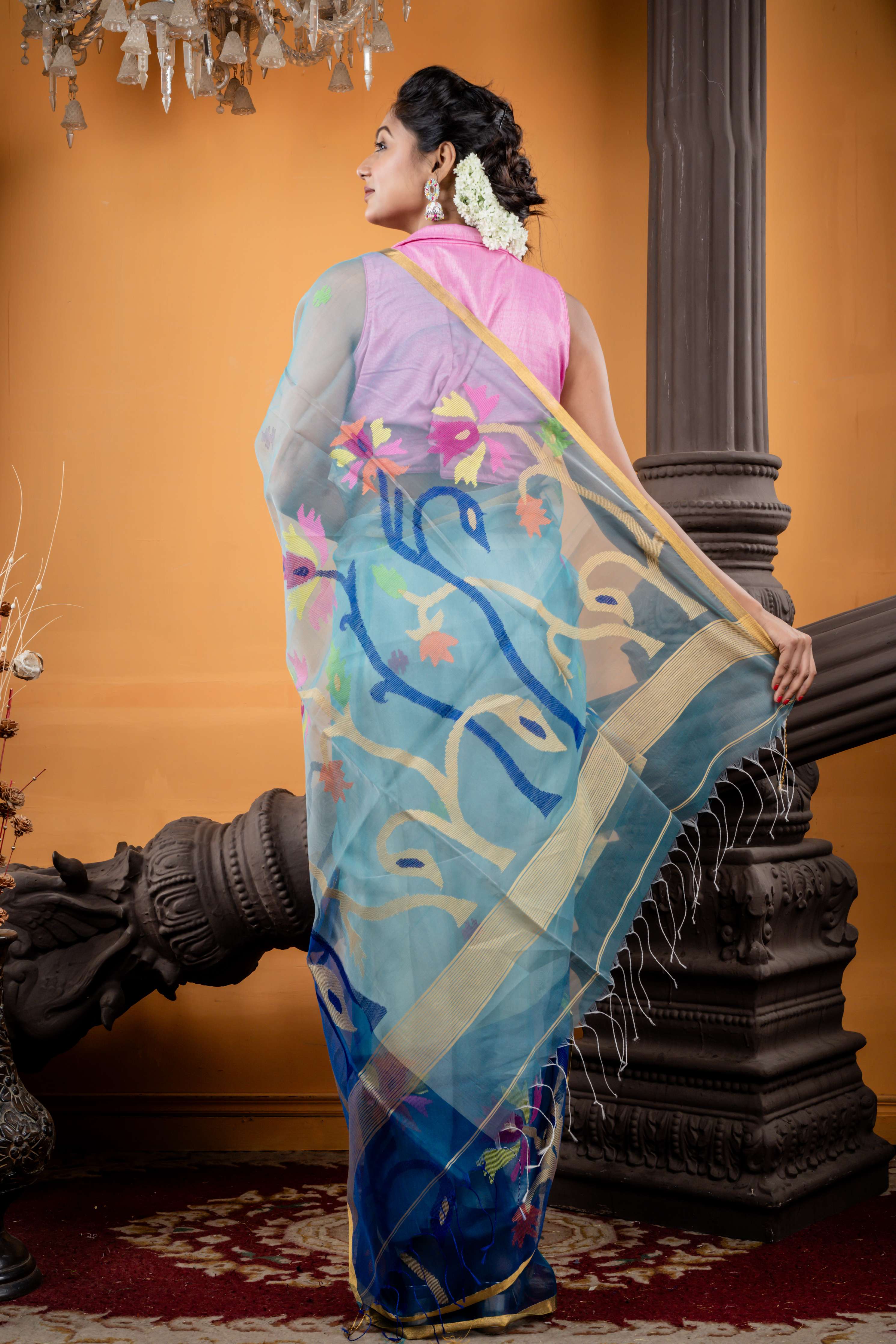 Nilaprabha || Aqua Blue Premium Muslin Bengal Handloom Saree with all over Multi-colour Jamdani Buta and Peacock Blue 'Mahapadh - Floral' Border & Pallu