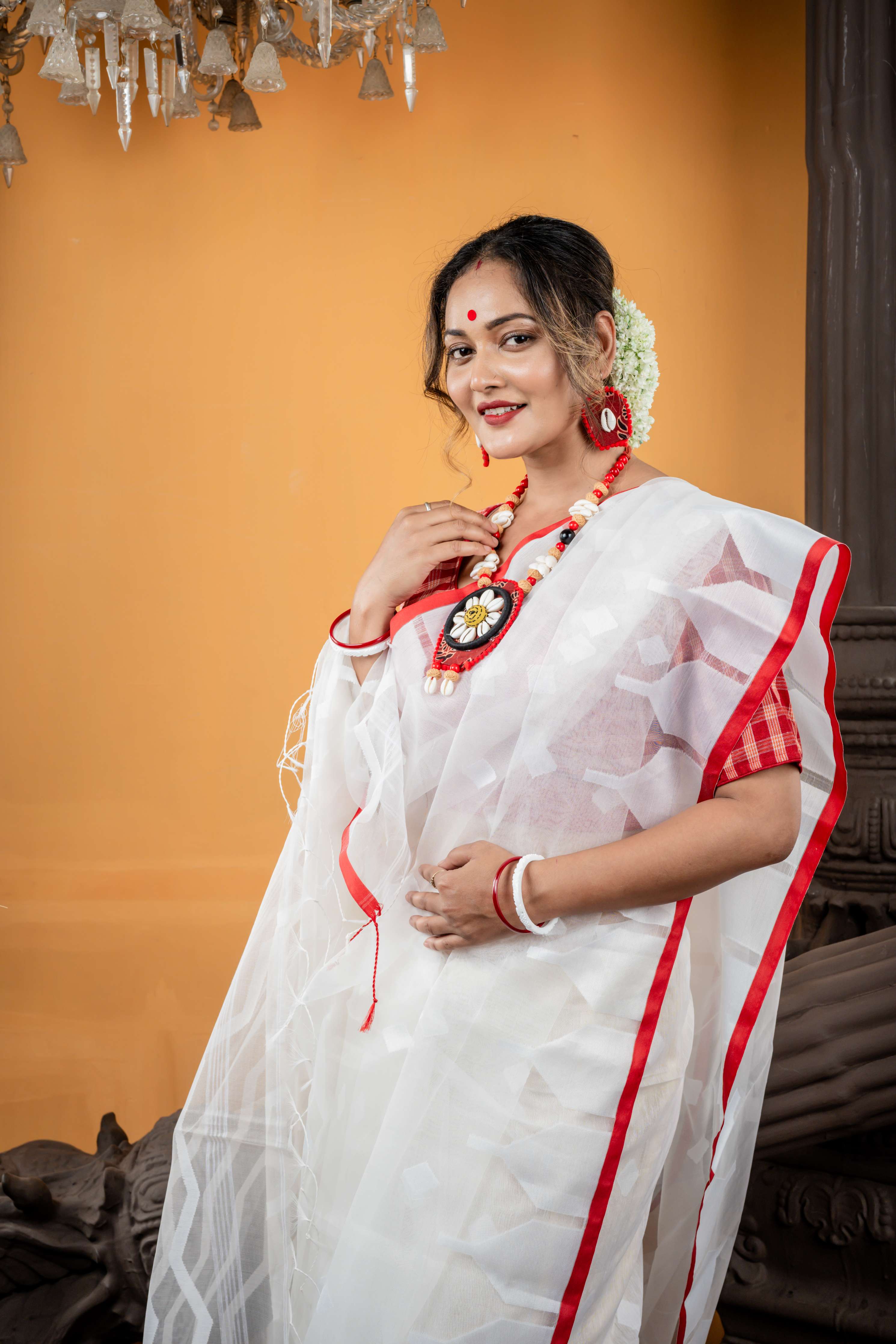 Shiuli || White Muslin Saree with all over White Resham Self Abstract Buta, ZigZag Stripe Pallu and Sleek Red Border with 'Temple' motifs