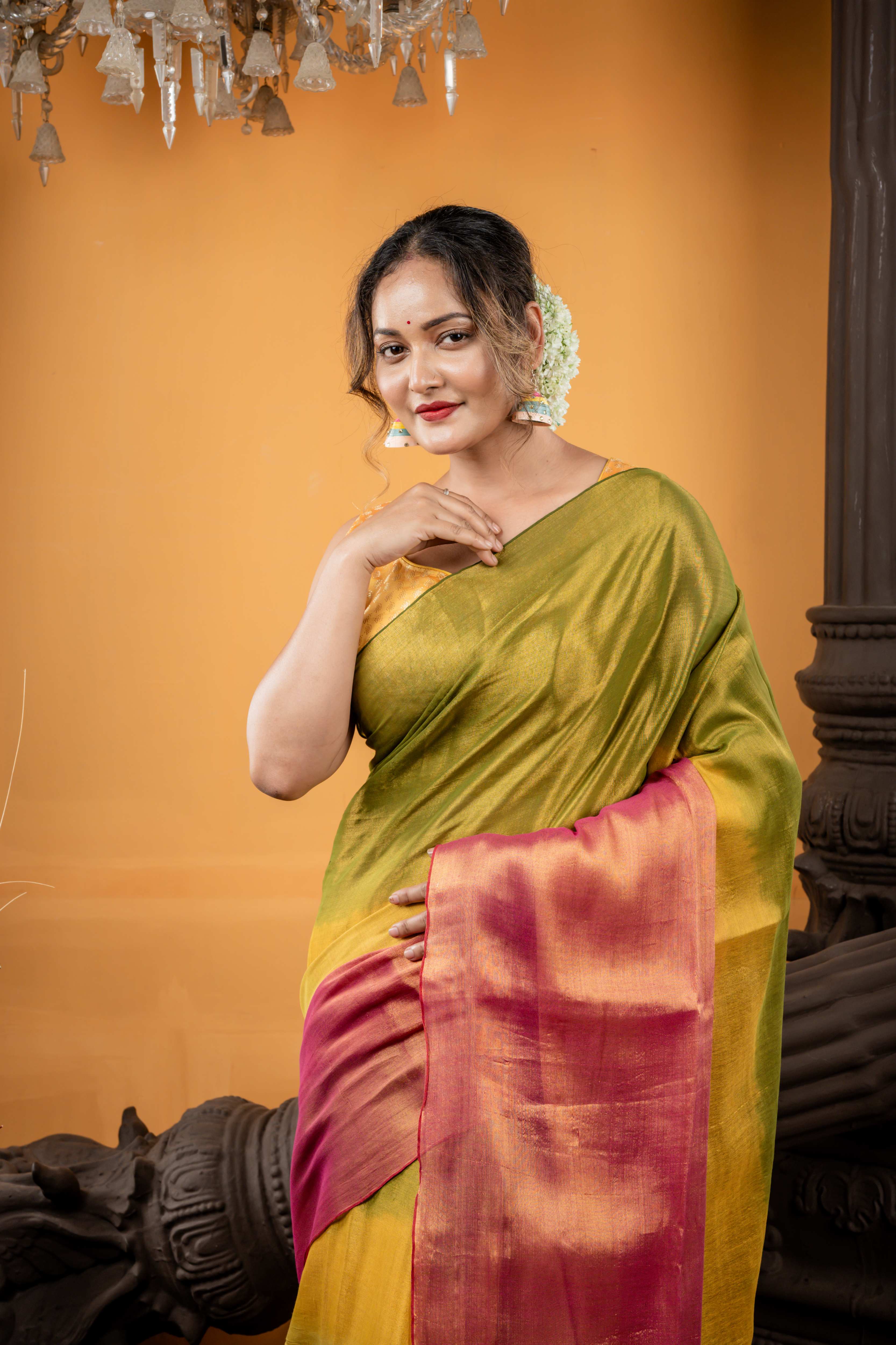 Aahiri || Metallic Olive Green, Mustard Yellow & Onion Pink tri-colour Ombre Pure Raga Linen Bengal Handloom Saree