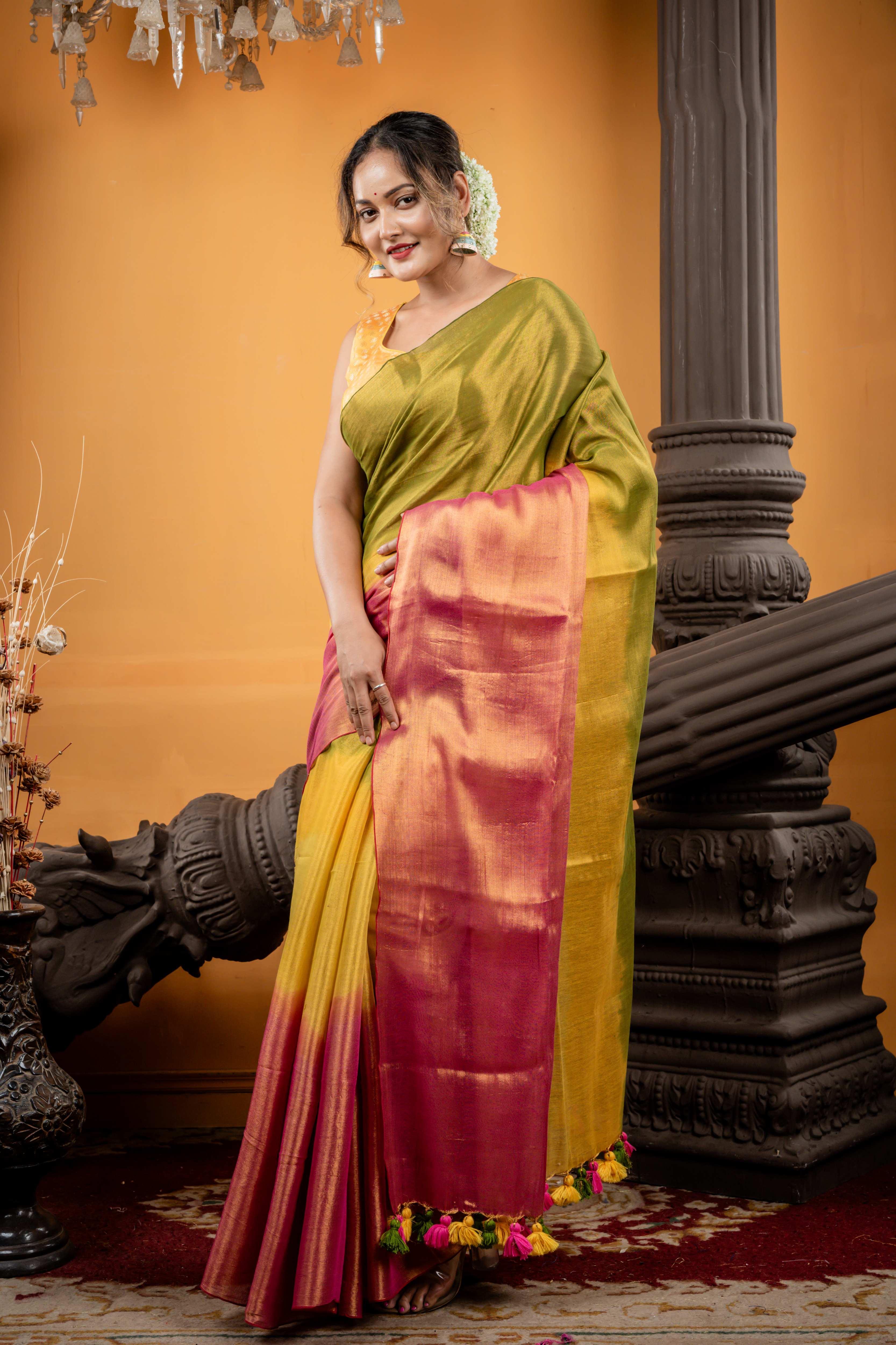 Aahiri || Metallic Olive Green, Mustard Yellow & Onion Pink tri-colour Ombre Pure Raga Linen Bengal Handloom Saree