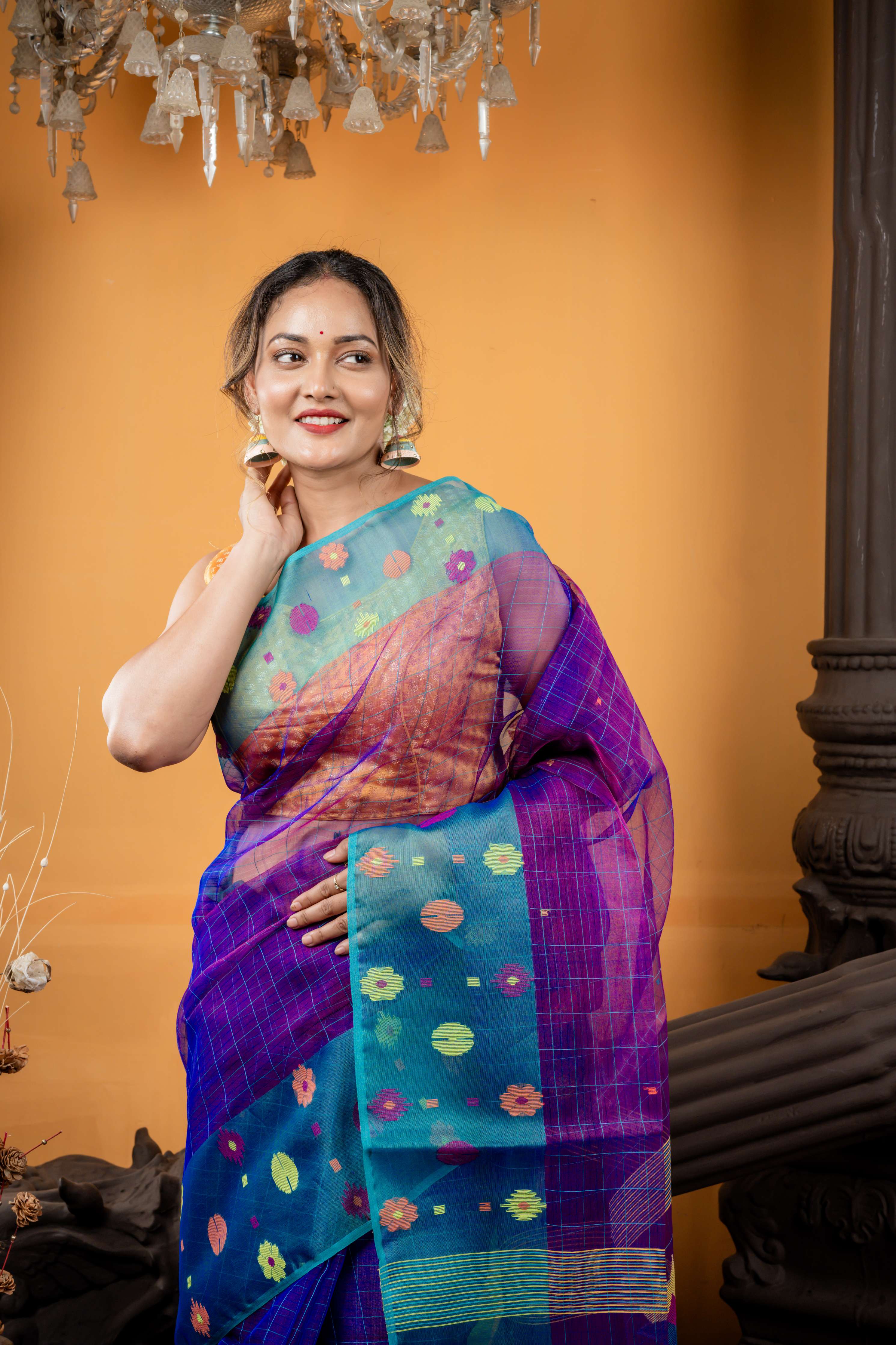 Prohor || Violet Premium Muslin Bengal Handloom Saree with all over Teal Green Checks & Border with Multi-colour Jamdani Buta and Floral Pallu