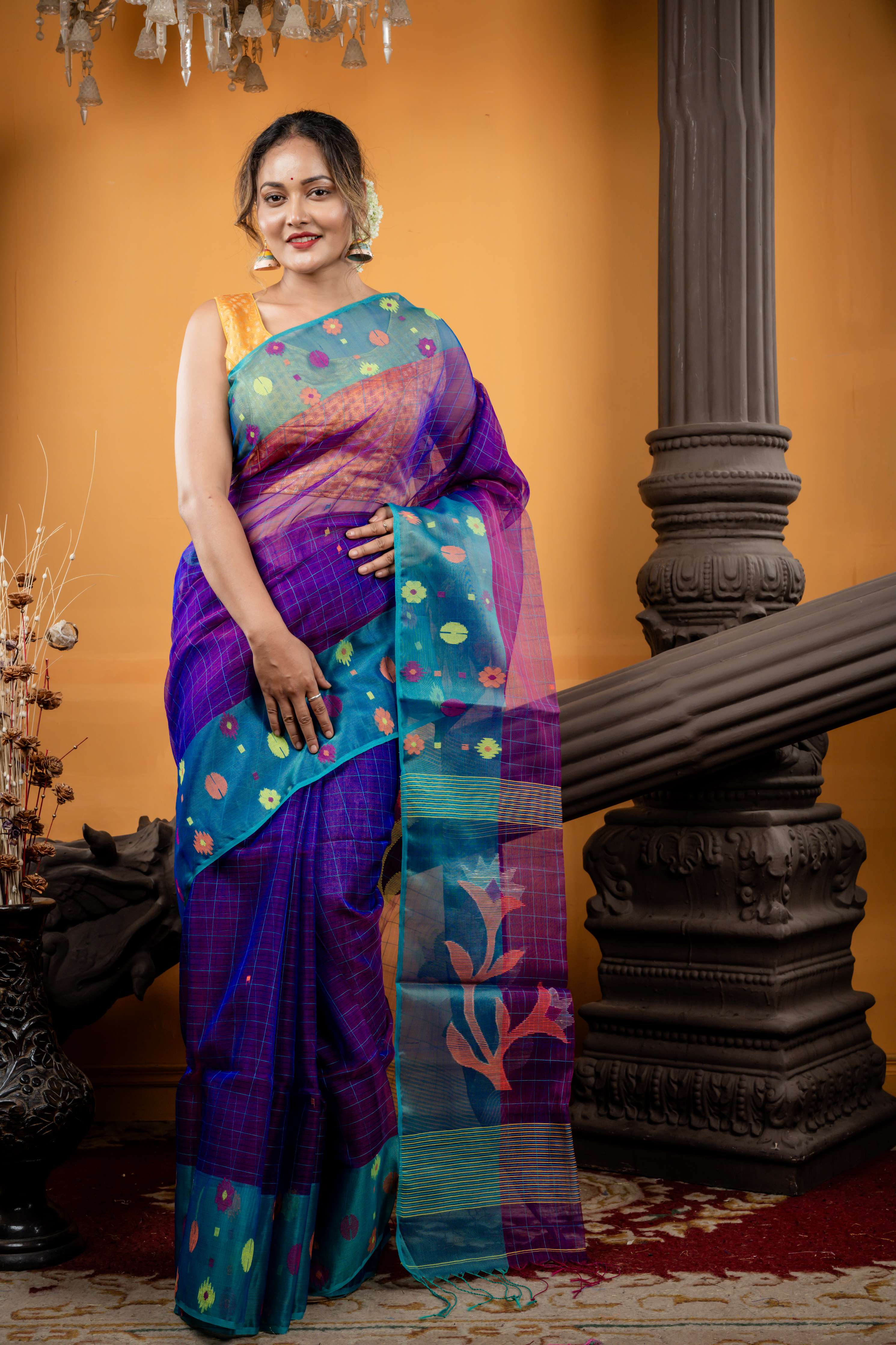 Prohor || Violet Premium Muslin Bengal Handloom Saree with all over Teal Green Checks & Border with Multi-colour Jamdani Buta and Floral Pallu