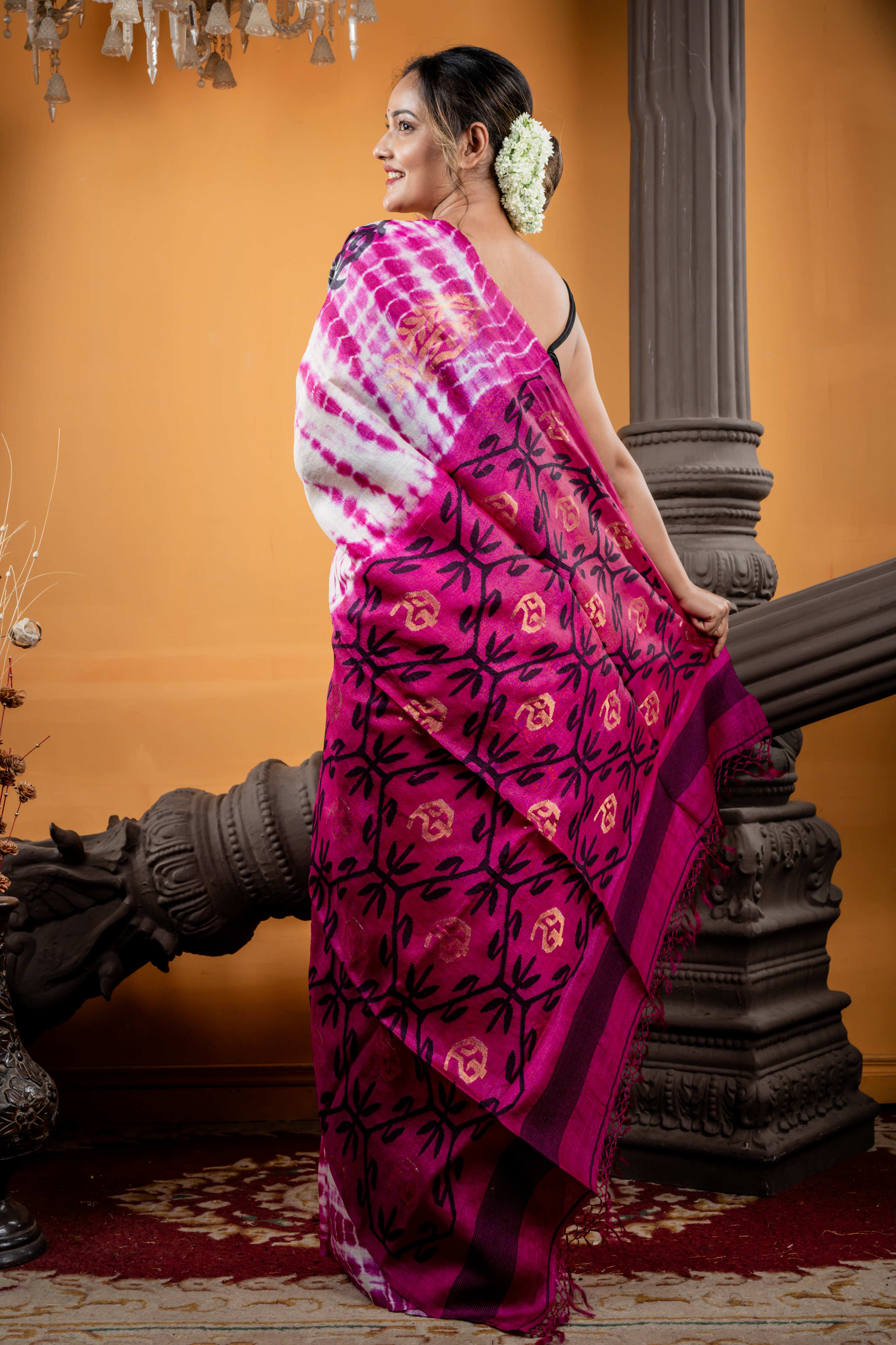 Barnali || Purple & White Tie & Dye Pure Tussar Silk Handloom Saree with Black & Antique Gold 'Aam Kalka' - Floral motif Jamdani Buta Border & Jaal Pallu