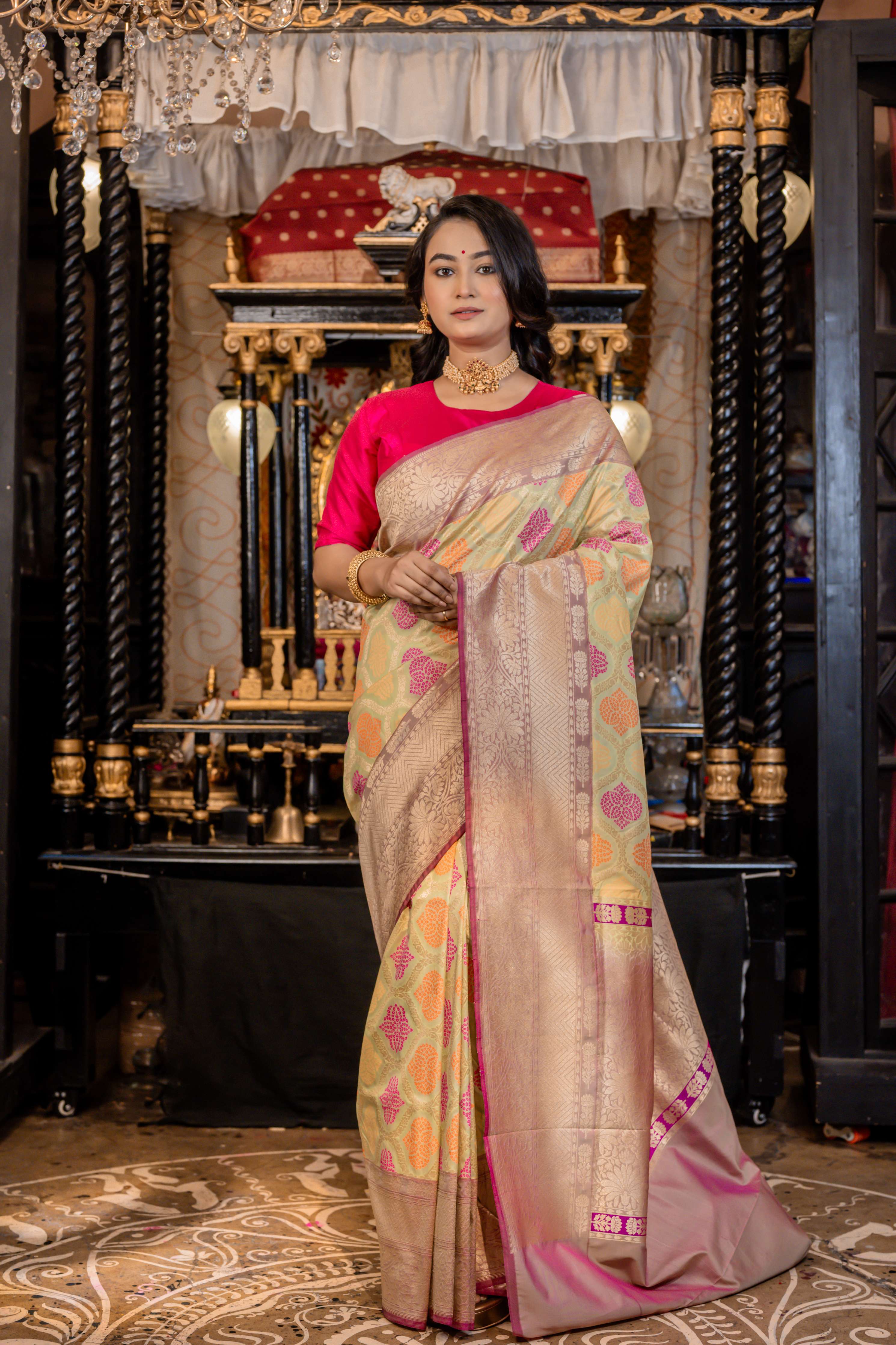 Mahika || Mint Green Matka Silk Banarasi Saree with all over Orange & Magenta Buta and Jaal woven in Matte Gold Zari