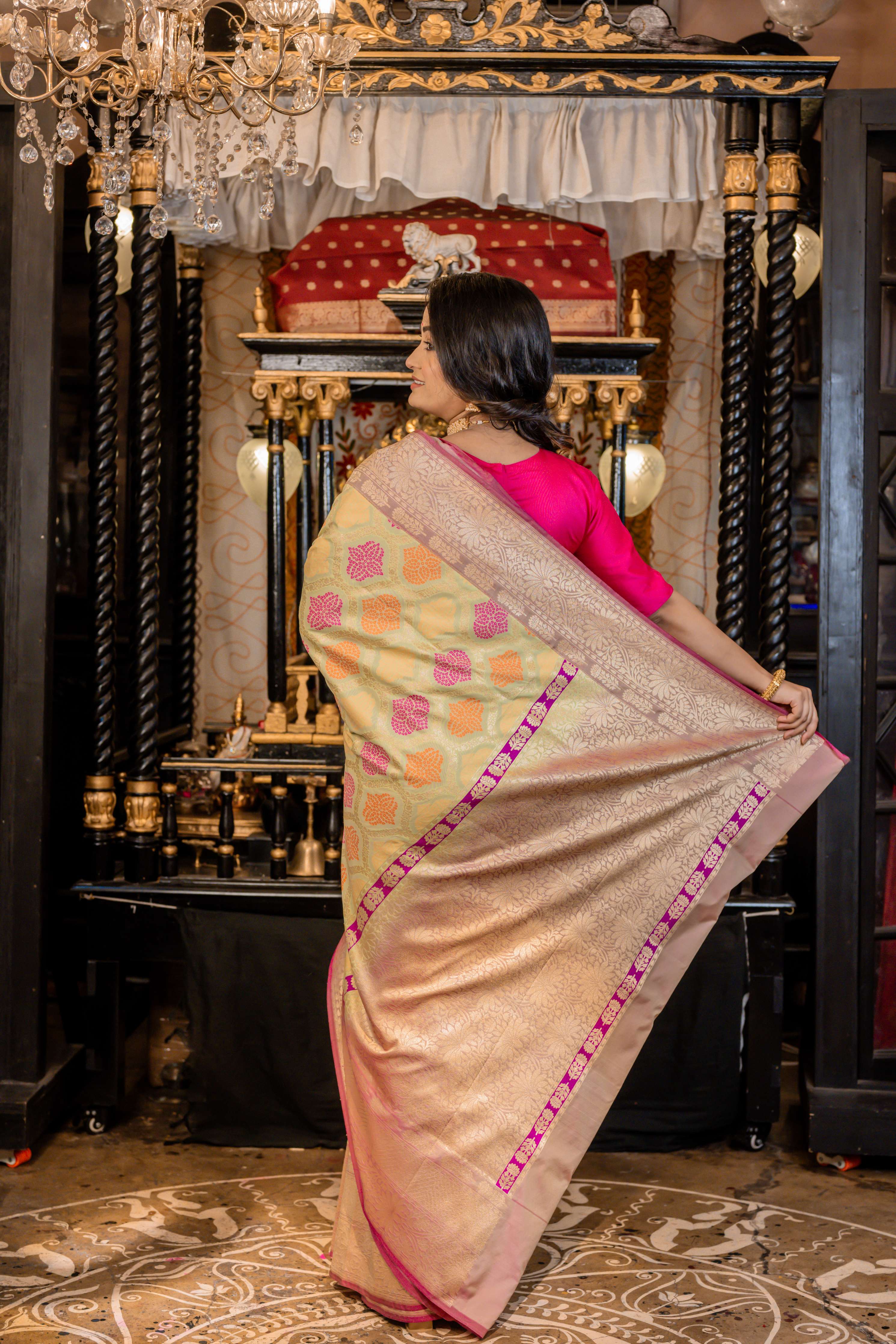 Mahika || Mint Green Matka Silk Banarasi Saree with all over Orange & Magenta Buta and Jaal woven in Matte Gold Zari