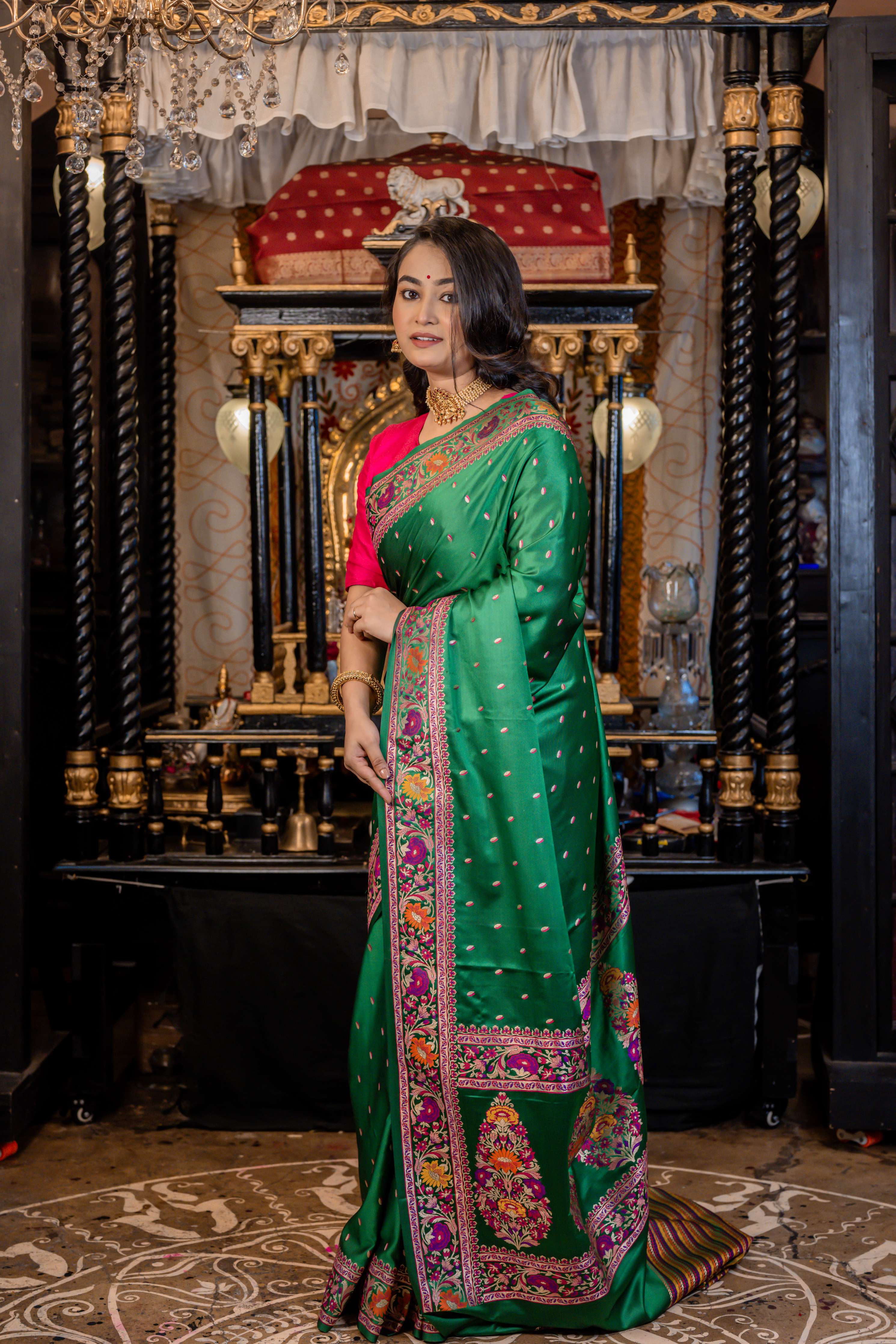 Aaranya || Forest Green Mashru Silk Banarasi Saree with all over Matte Gold Zari & multi-colour Meenakari Buta and Floral border