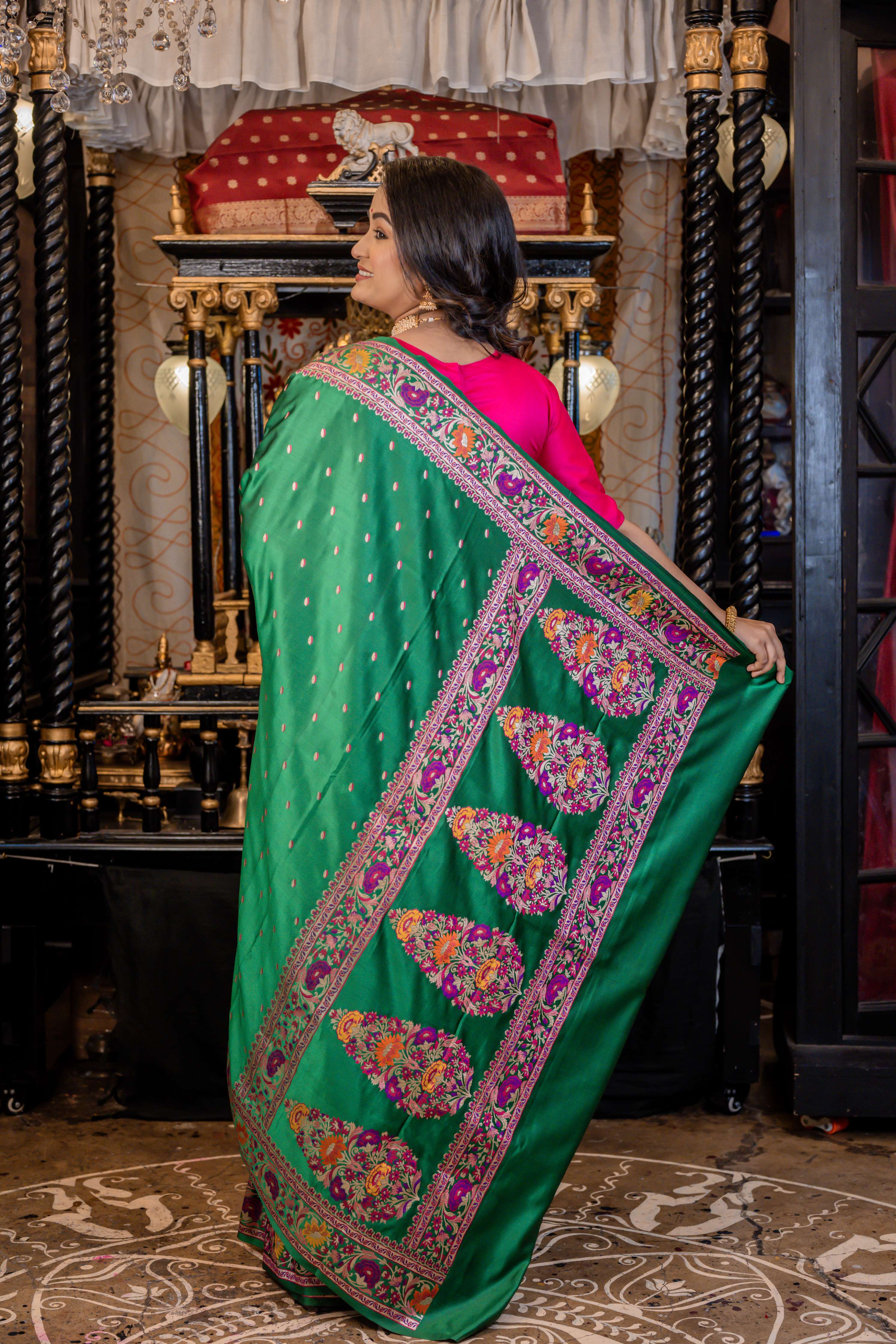 Aaranya || Forest Green Mashru Silk Banarasi Saree with all over Matte Gold Zari & multi-colour Meenakari Buta and Floral border