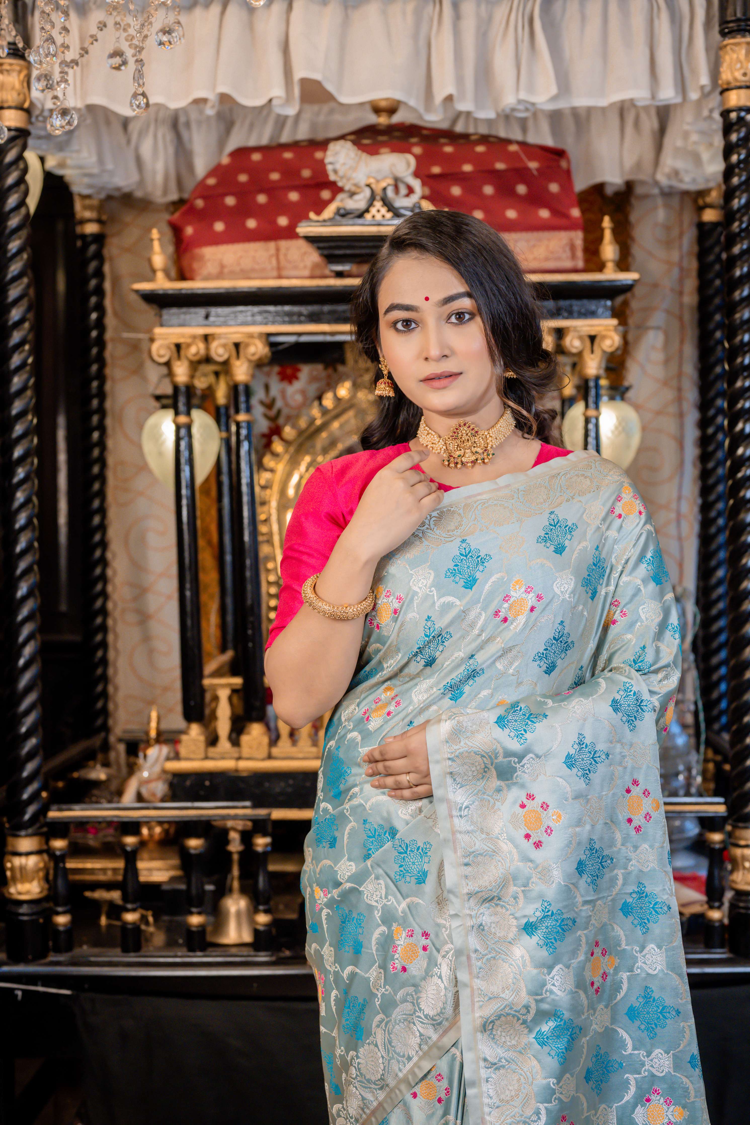 Himani || Ice Blue Mashru Silk Banarasi Saree with all over Silver Zari Jaal and Buta with multi-colour Meenakari highlights