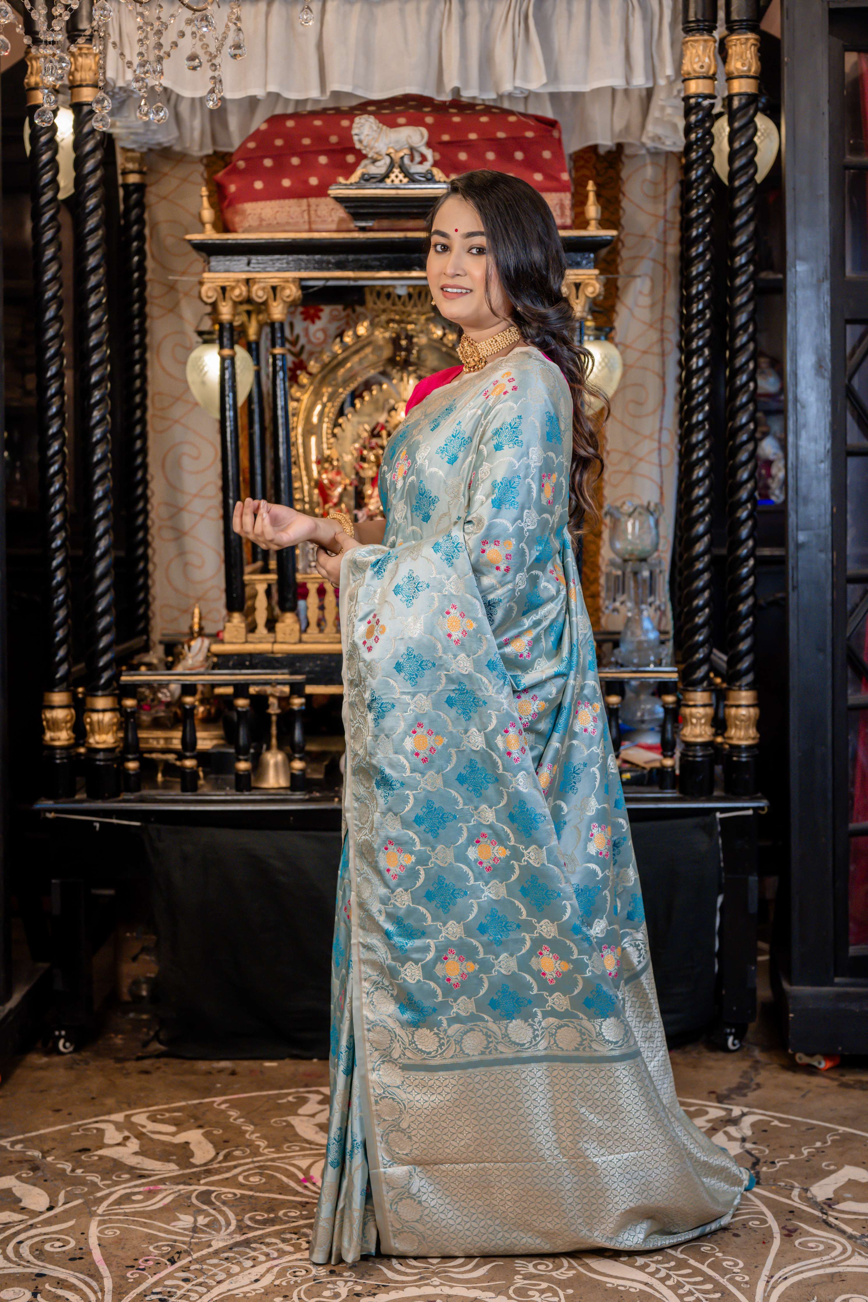 Himani || Ice Blue Mashru Silk Banarasi Saree with all over Silver Zari Jaal and Buta with multi-colour Meenakari highlights