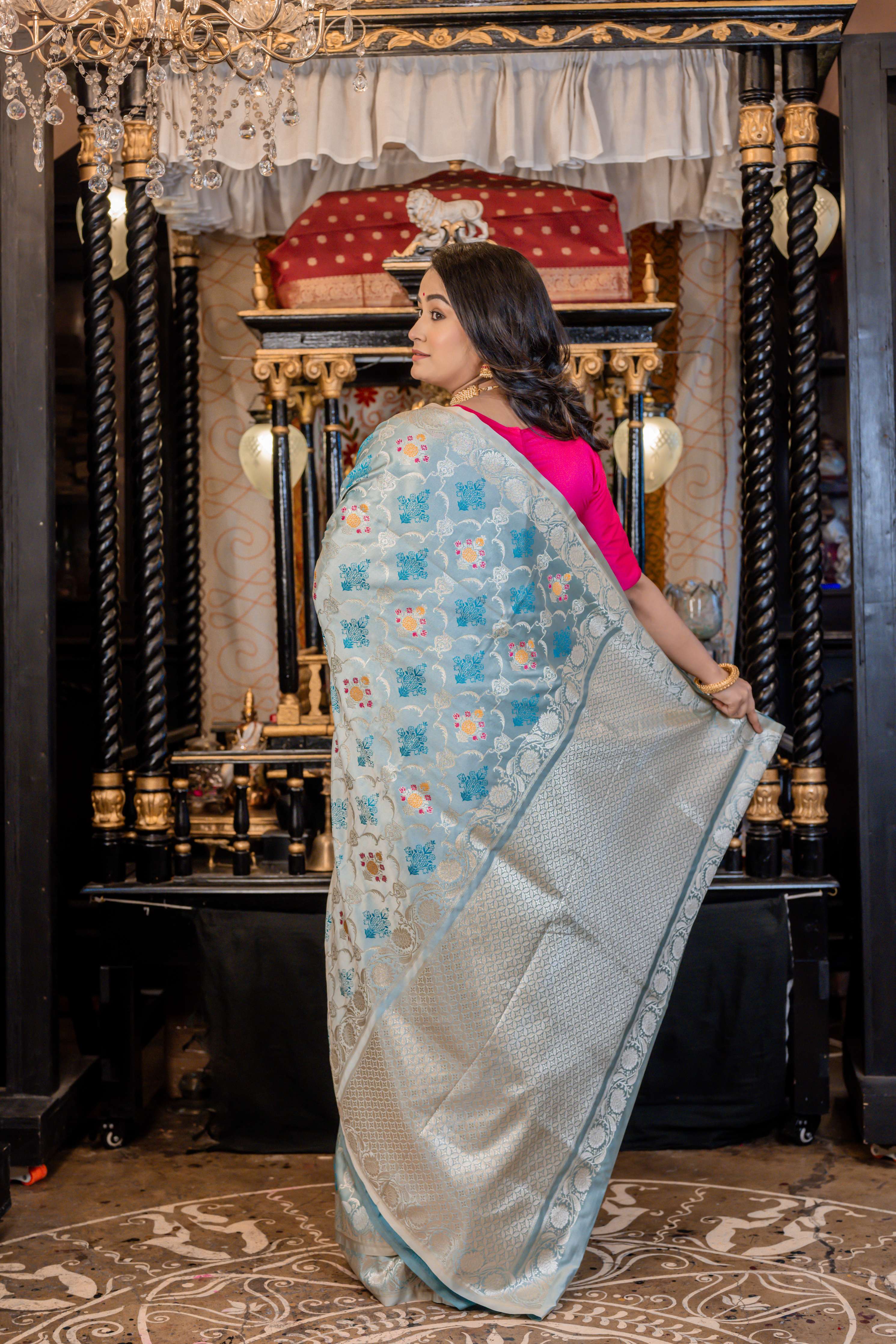 Himani || Ice Blue Mashru Silk Banarasi Saree with all over Silver Zari Jaal and Buta with multi-colour Meenakari highlights