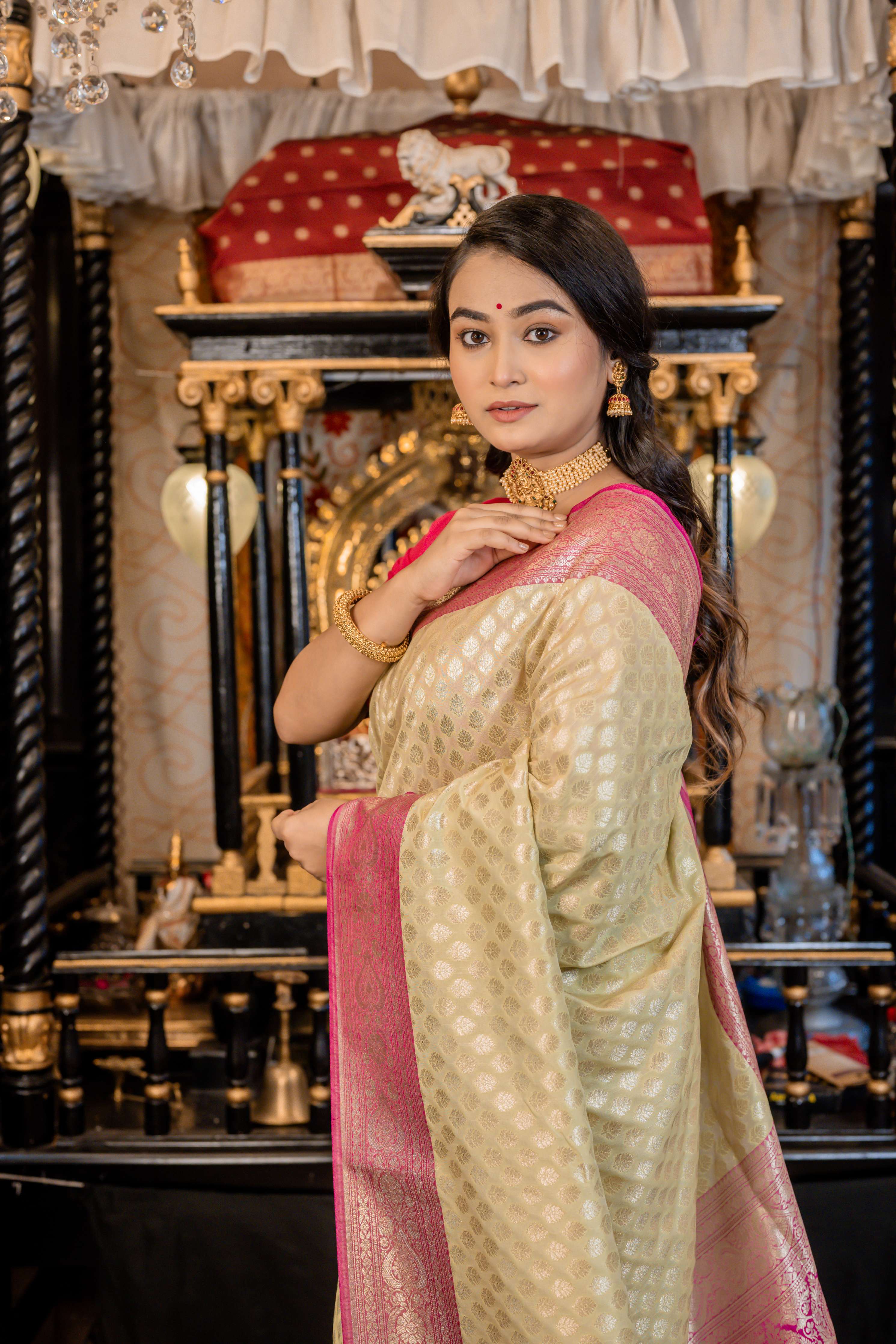 Vrishti || Light Pista Green Soft Katan Banarasi Saree with all over Matte Gold Zari Floral Buti and Magenta border