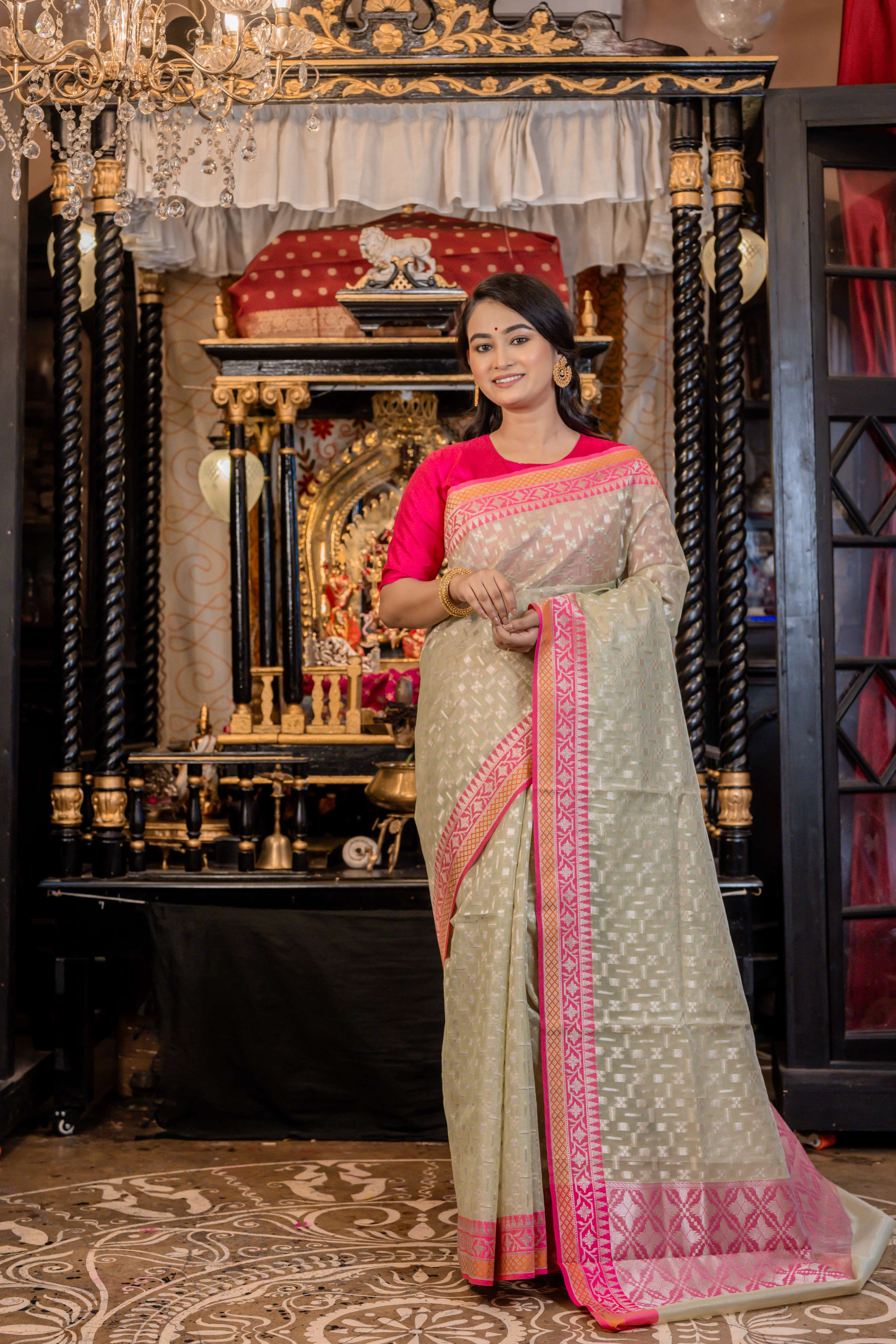 Akriti || Metallic Mint Green Organza Banarasi Saree with all over Matte Gold Zari Abstract Buta and Fuchsia Pink Border