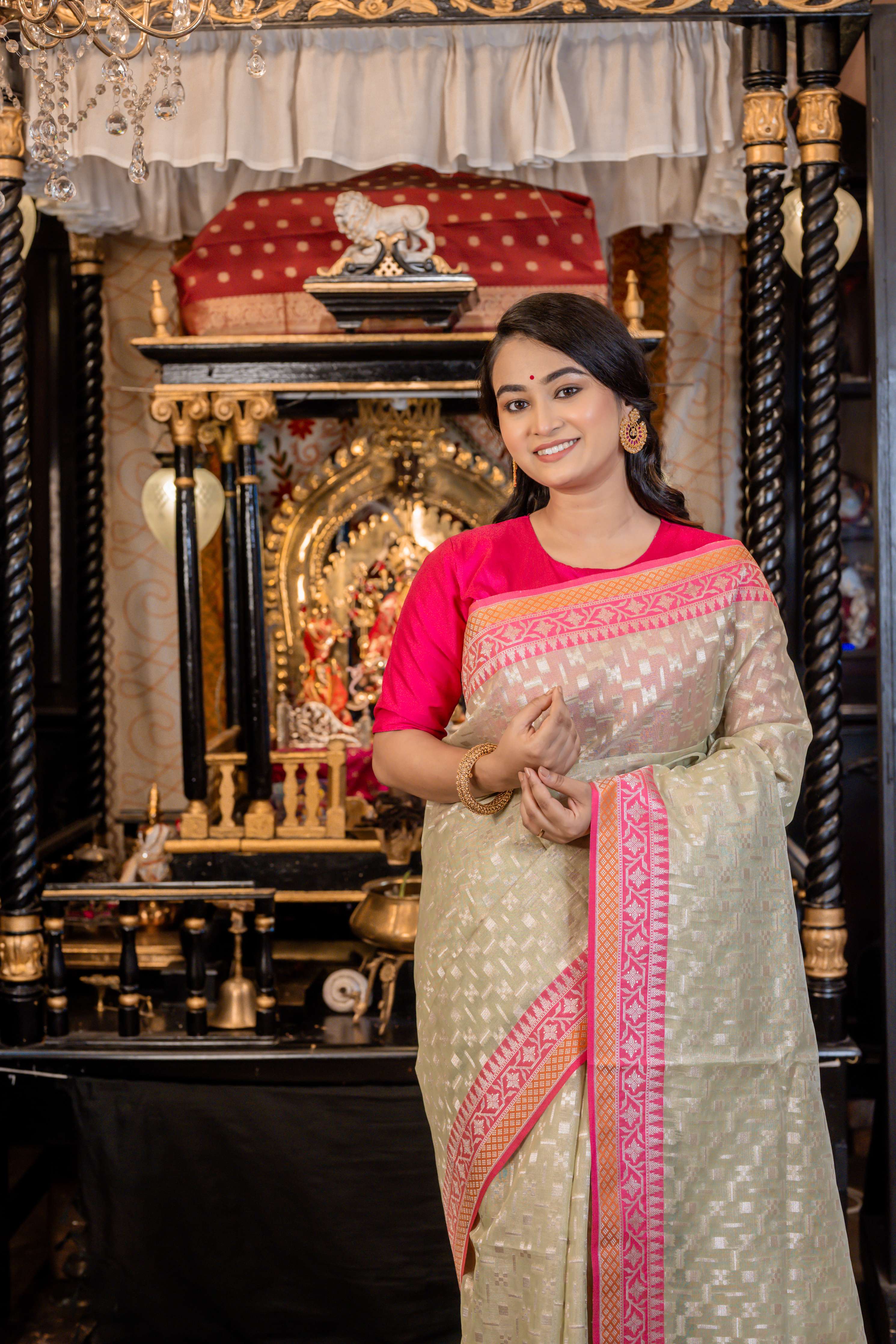 Akriti || Metallic Mint Green Organza Banarasi Saree with all over Matte Gold Zari Abstract Buta and Fuchsia Pink Border