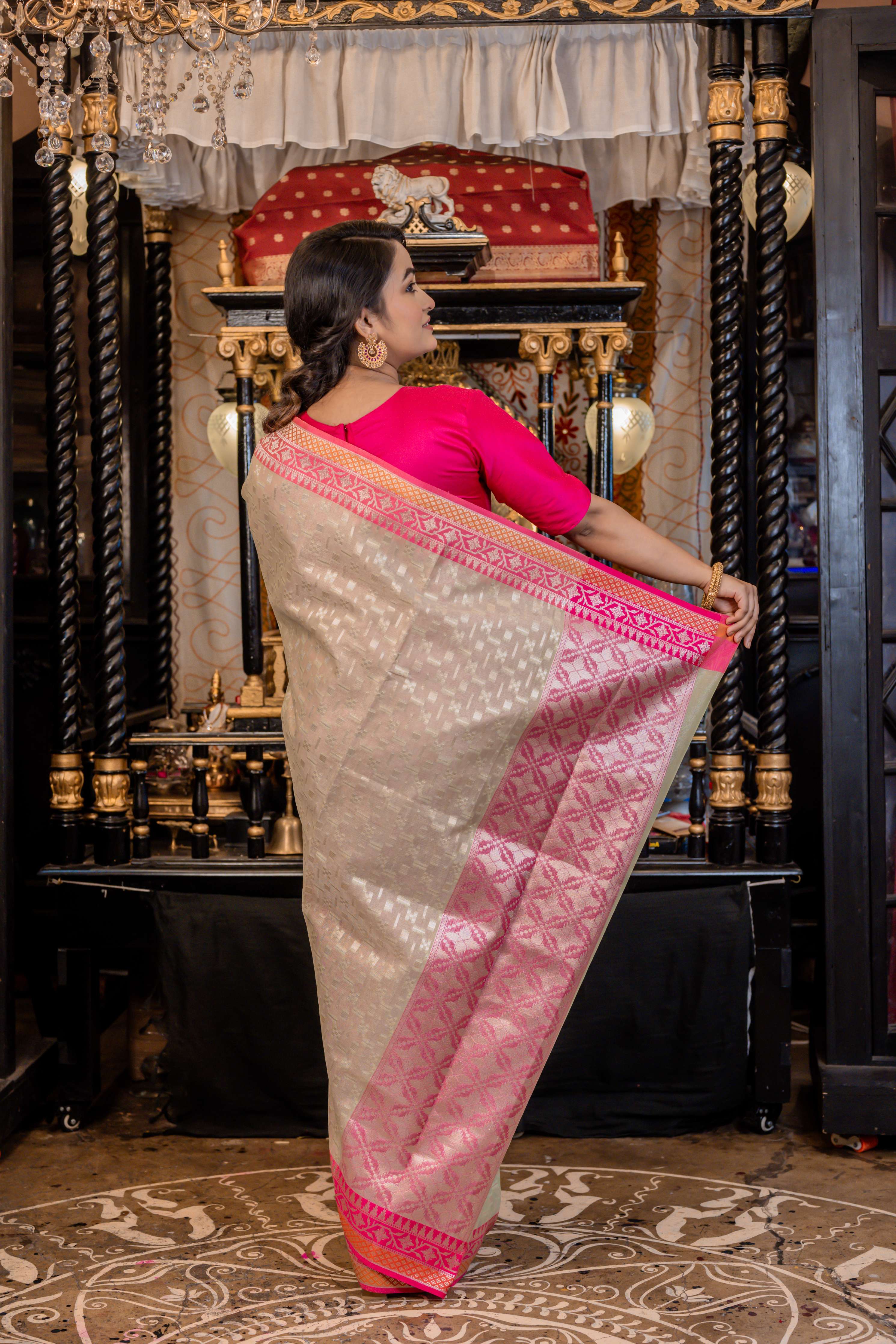 Akriti || Metallic Mint Green Organza Banarasi Saree with all over Matte Gold Zari Abstract Buta and Fuchsia Pink Border