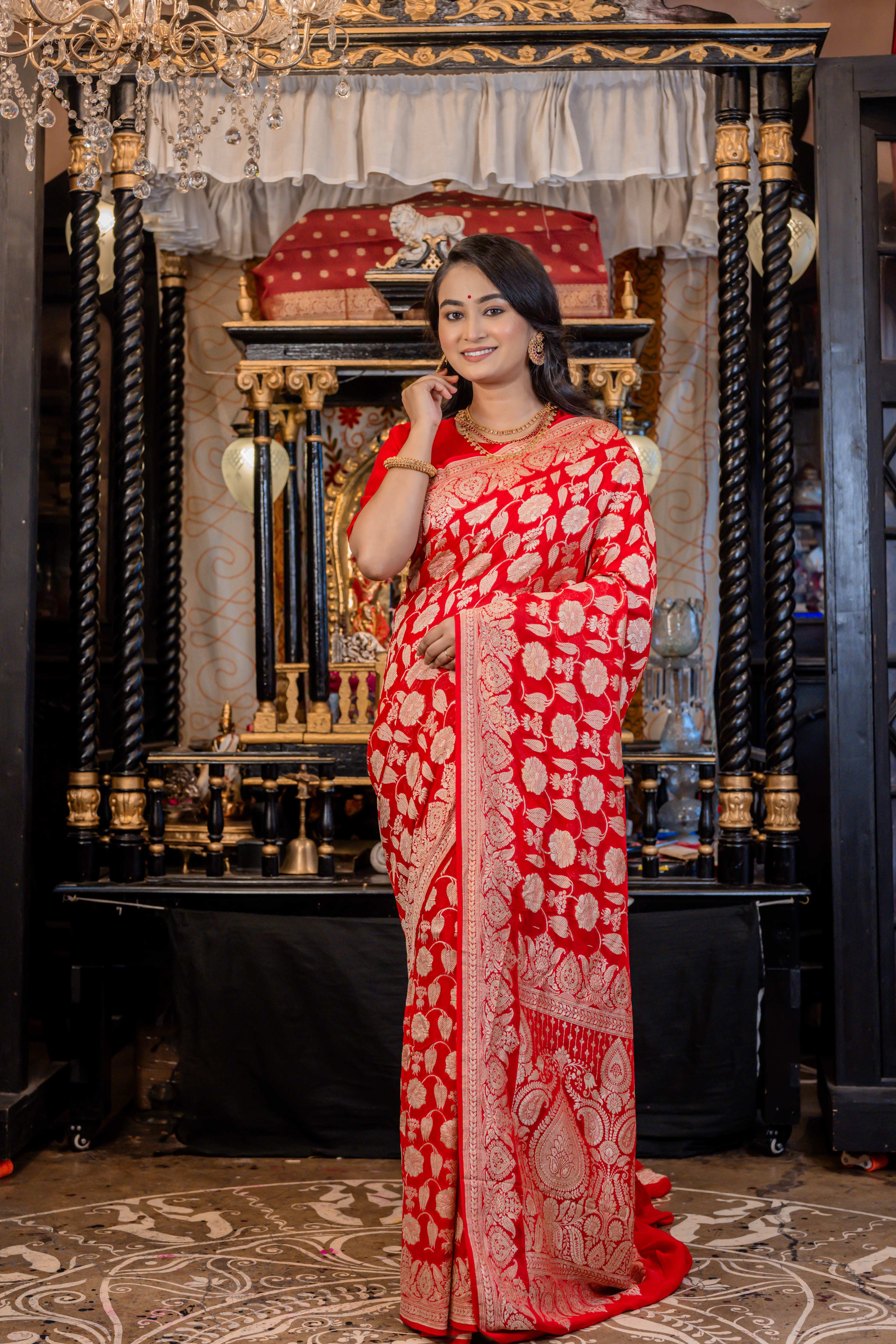 Alankrita || Vermillion Red Khaddi Georgette Banarasi Saree with all over Jangla in Matte Gold Zari