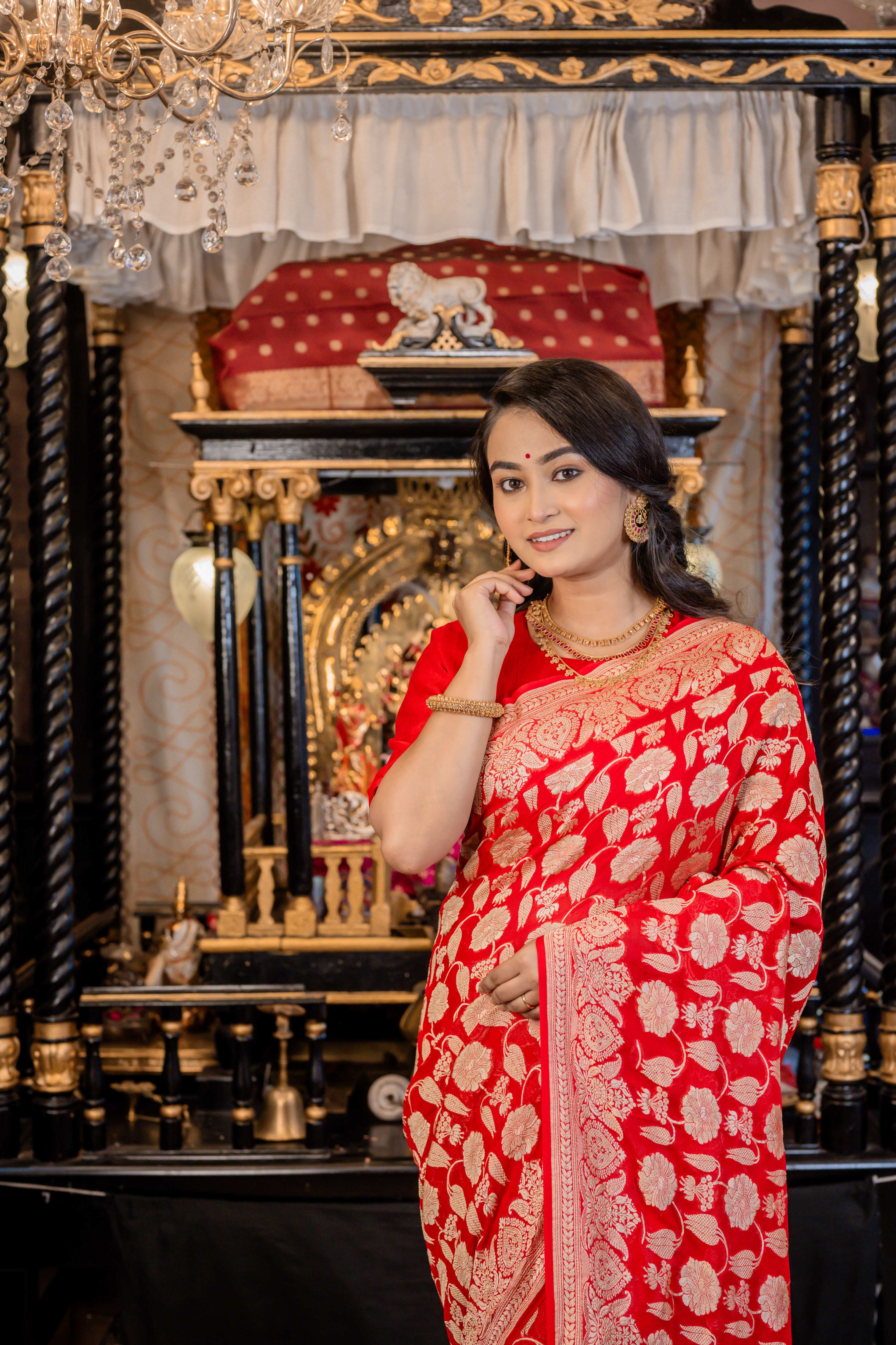Alankrita || Vermillion Red Khaddi Georgette Banarasi Saree with all over Jangla in Matte Gold Zari