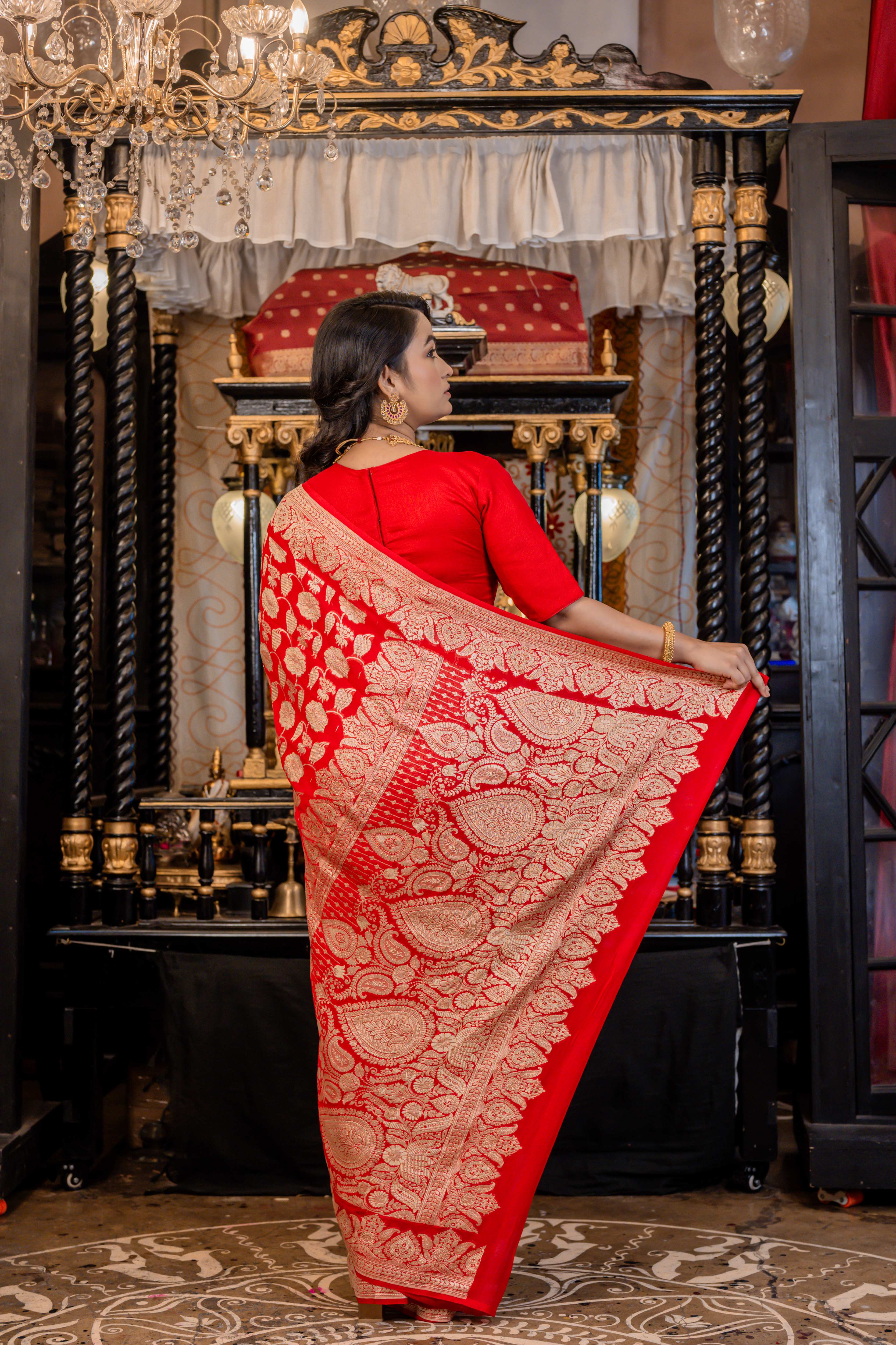 Alankrita || Vermillion Red Khaddi Georgette Banarasi Saree with all over Jangla in Matte Gold Zari