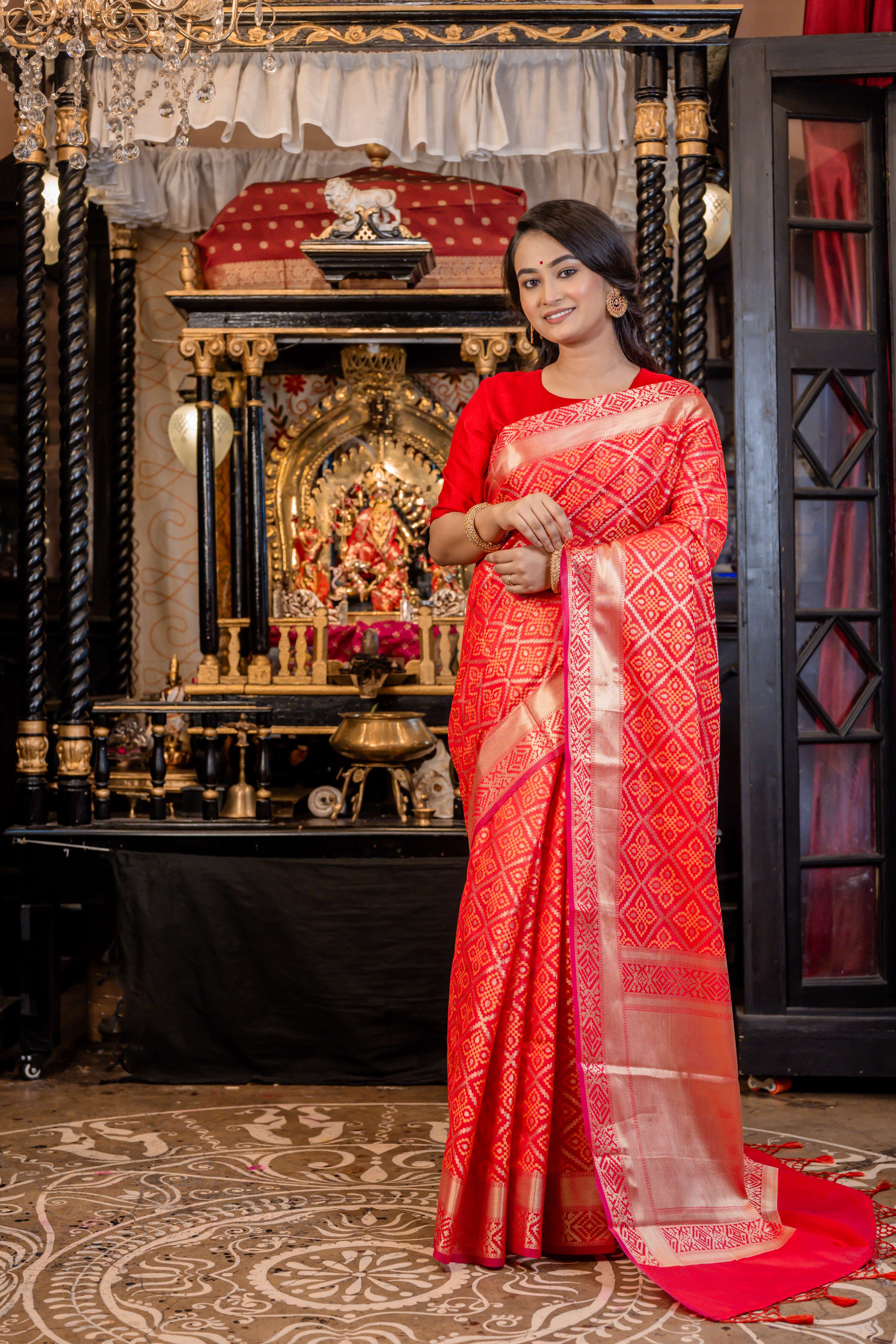 Kumkum || Red Soft Silk Banarasi Saree with all over Box motif Jaal and border in Golden Zari