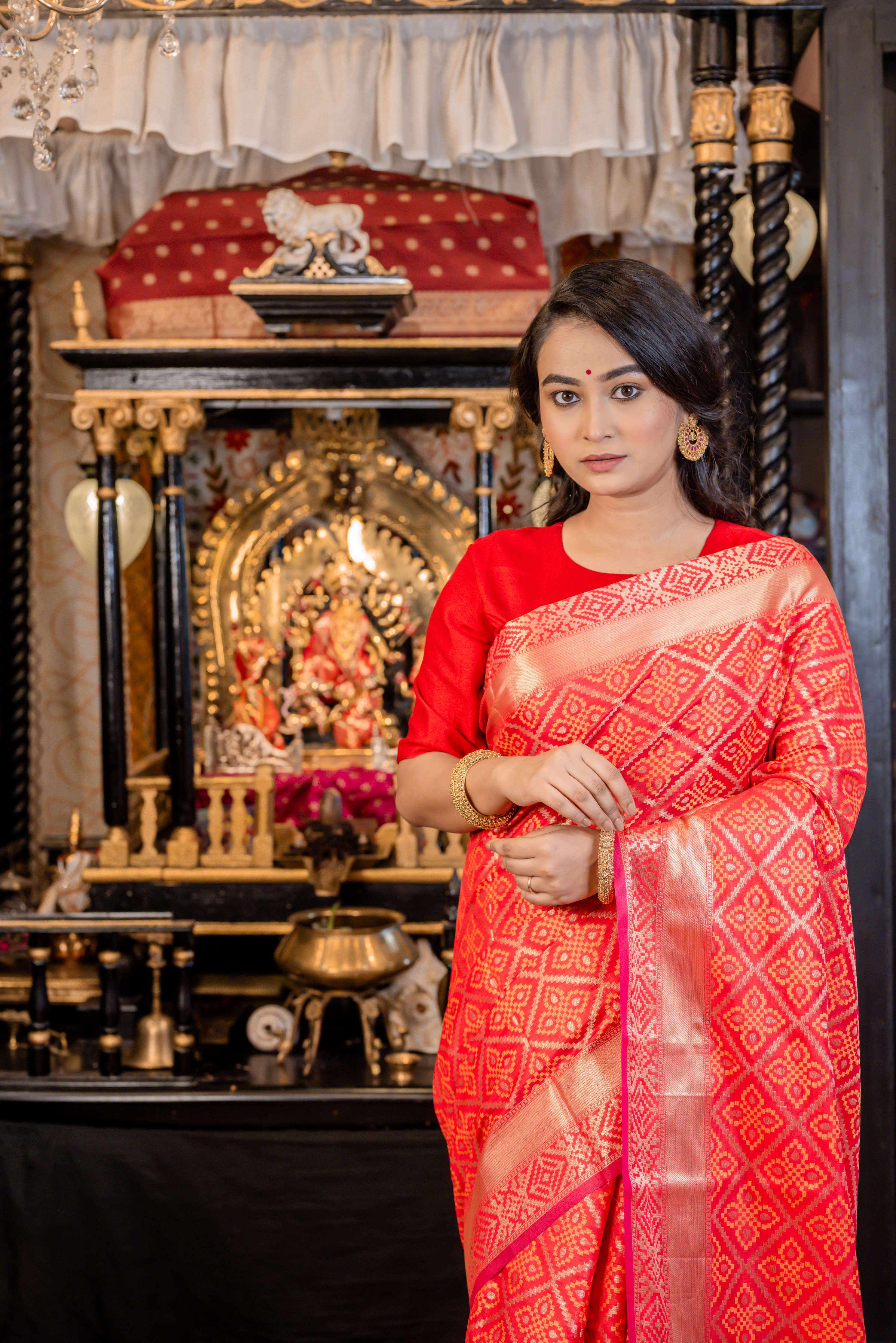 Kumkum || Red Soft Silk Banarasi Saree with all over Box motif Jaal and border in Golden Zari