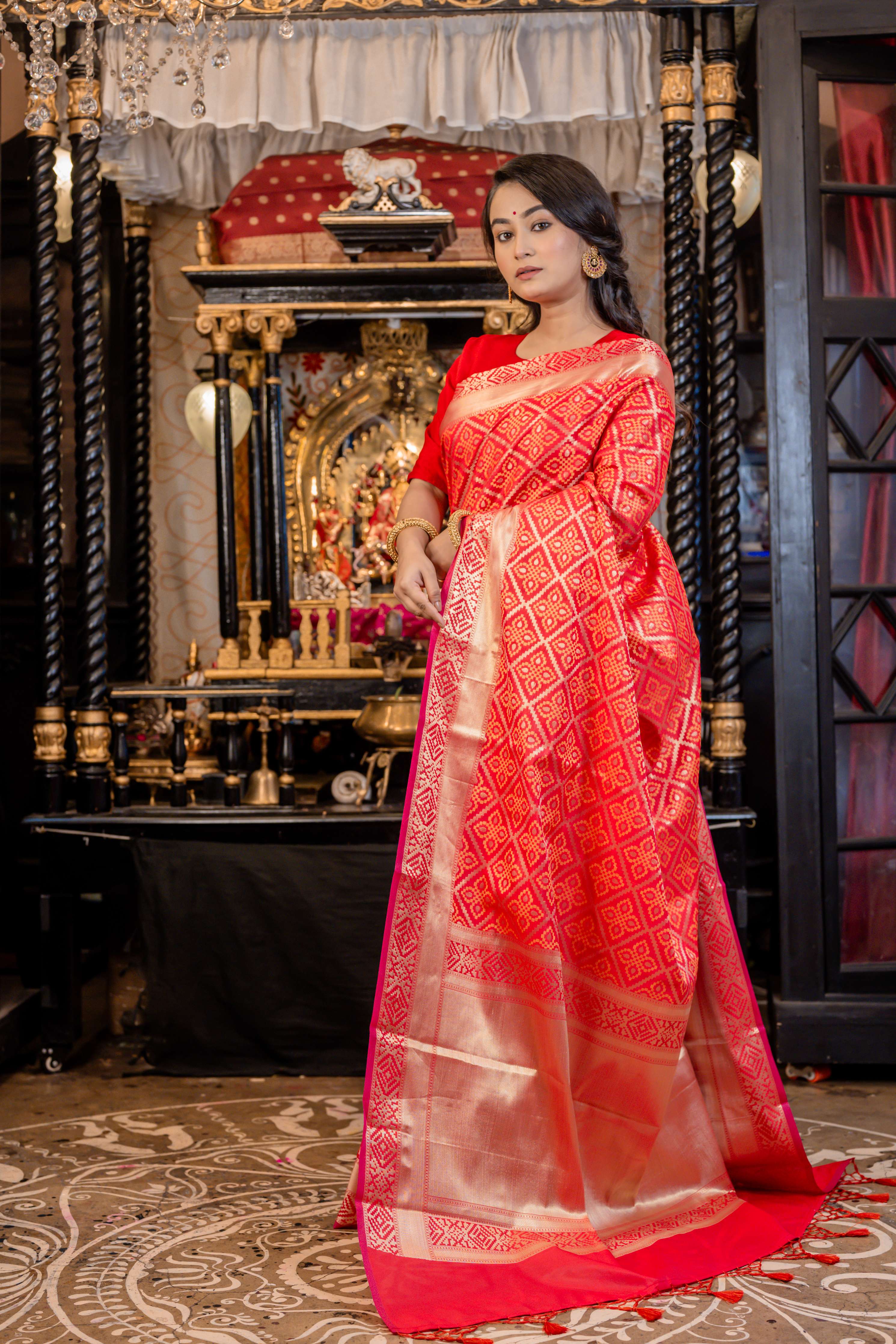 Kumkum || Red Soft Silk Banarasi Saree with all over Box motif Jaal and border in Golden Zari