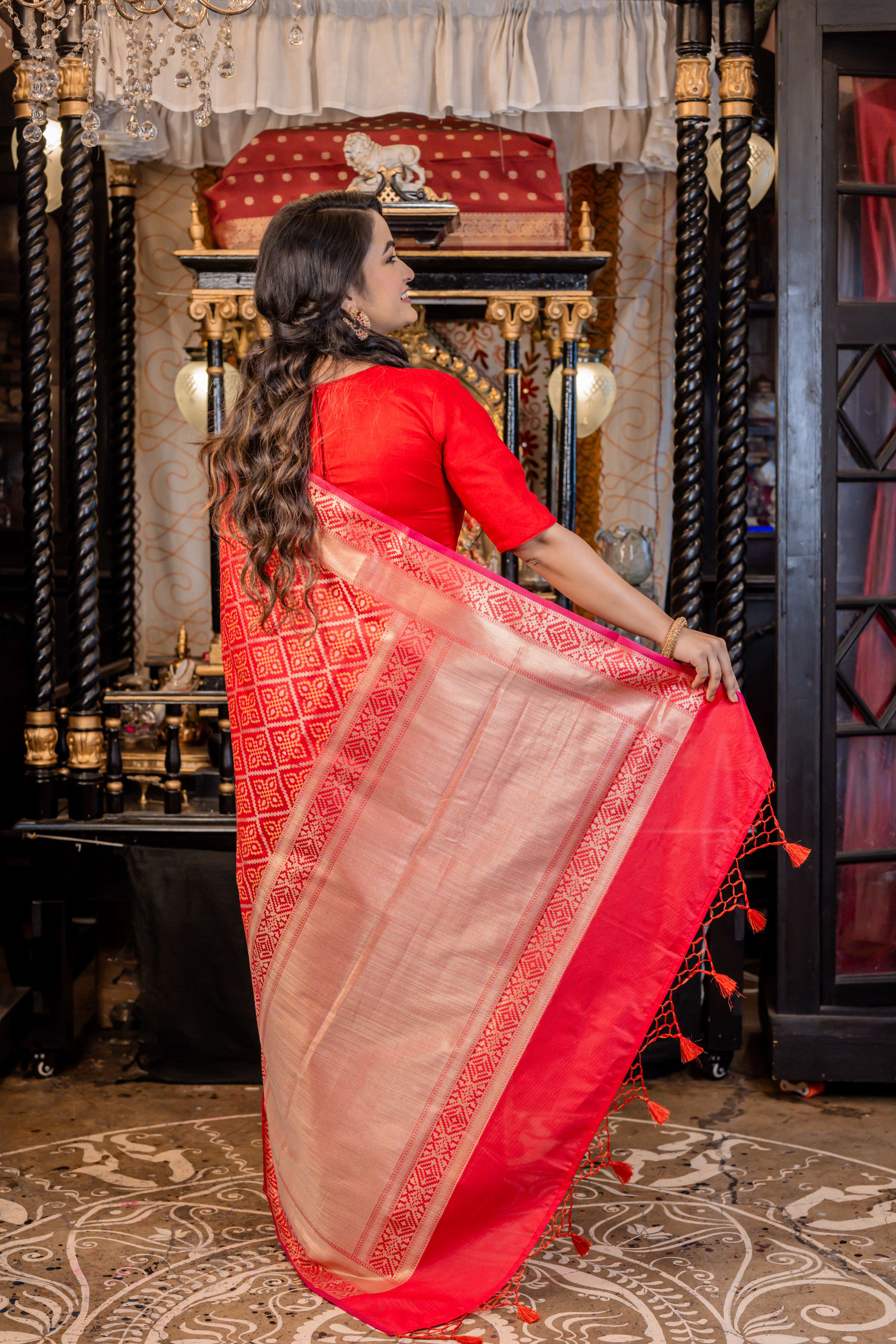 Kumkum || Red Soft Silk Banarasi Saree with all over Box motif Jaal and border in Golden Zari