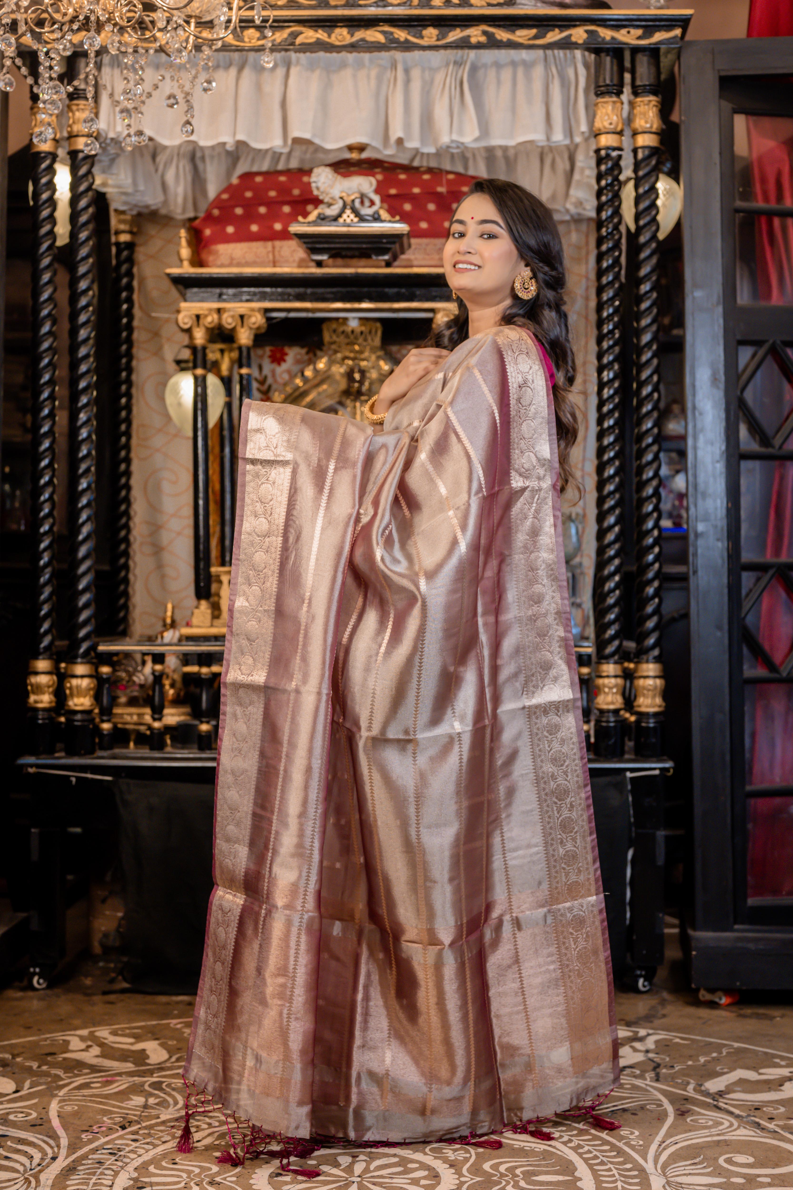 Zara || Onion Pink & Copper Brown Dual Tone Tissue Silk Banarasi Saree with all over Matte Copper Zari Stripes