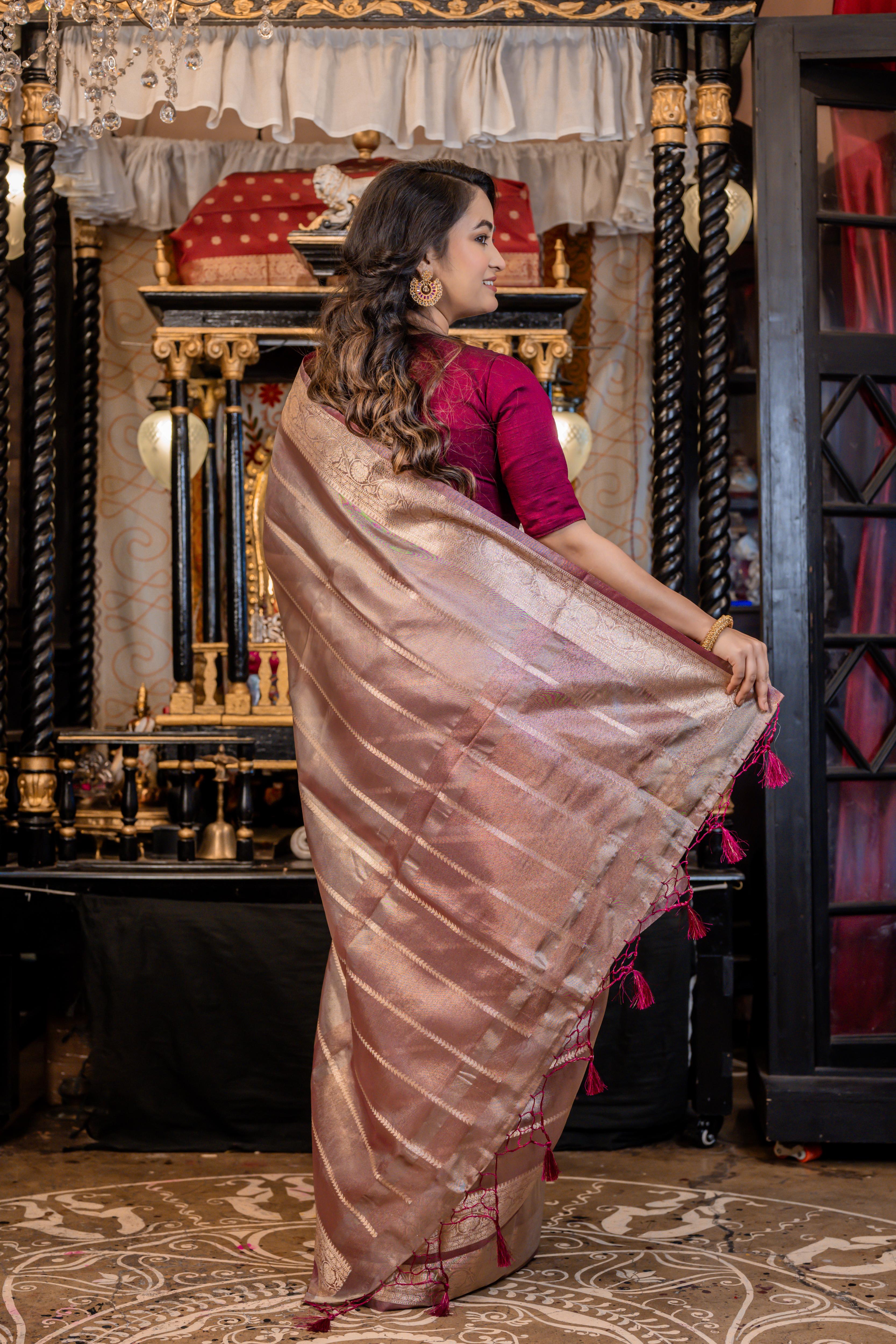 Zara || Onion Pink & Copper Brown Dual Tone Tissue Silk Banarasi Saree with all over Matte Copper Zari Stripes