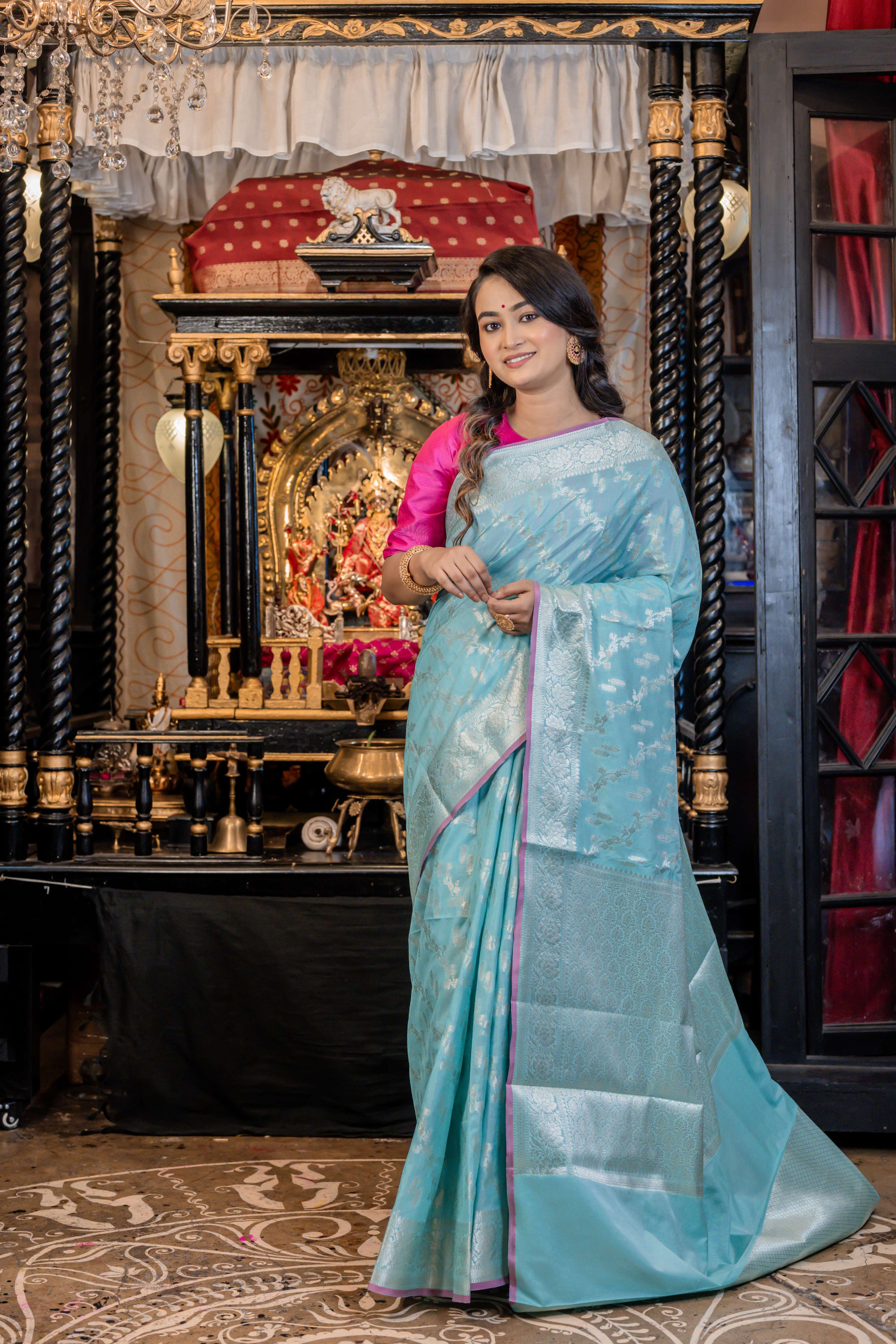 Arvi || Sea Green Cotton Silk Banarasi Saree All Over Jaal & Buta in Silver Zari