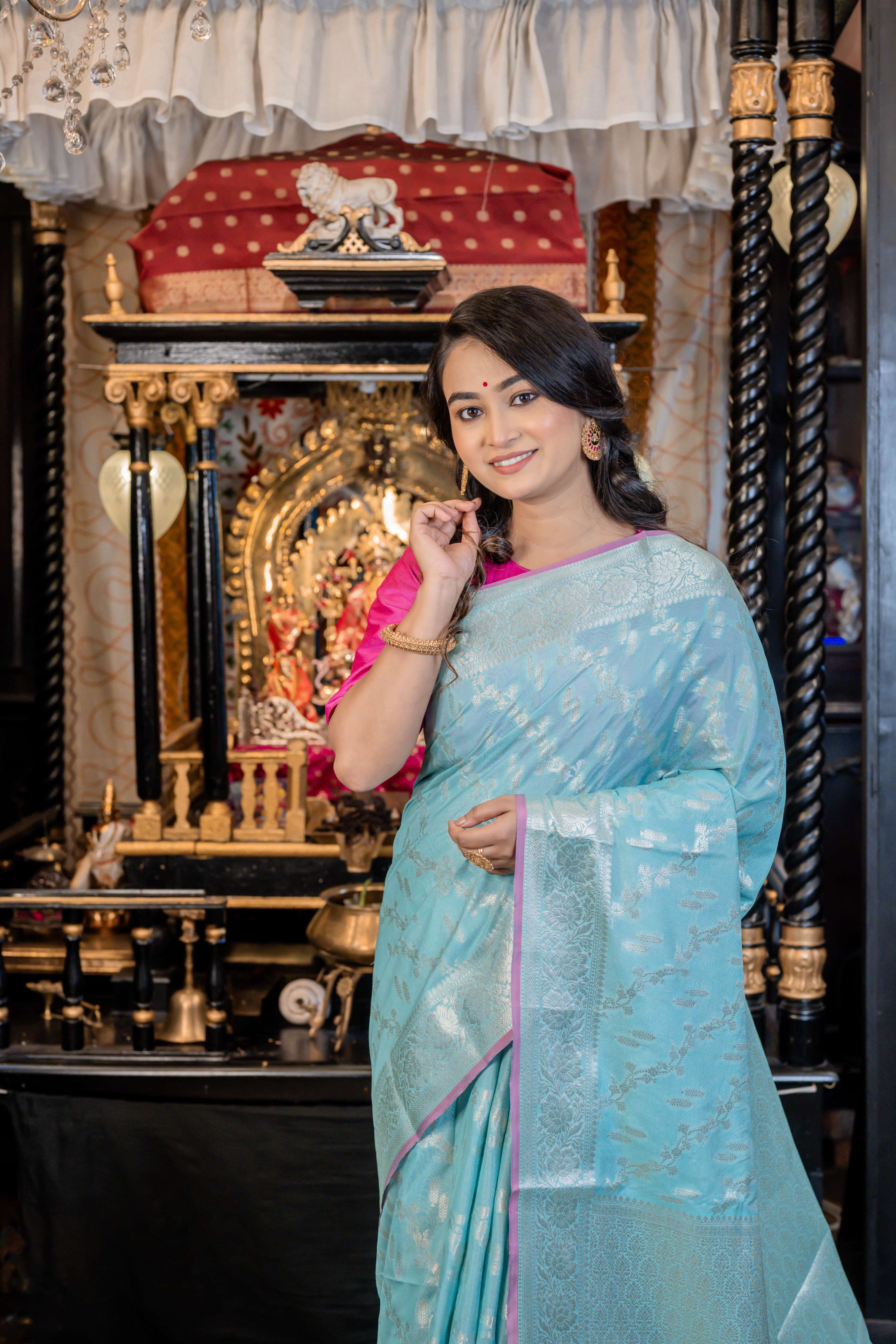 Arvi || Sea Green Cotton Silk Banarasi Saree All Over Jaal & Buta in Silver Zari