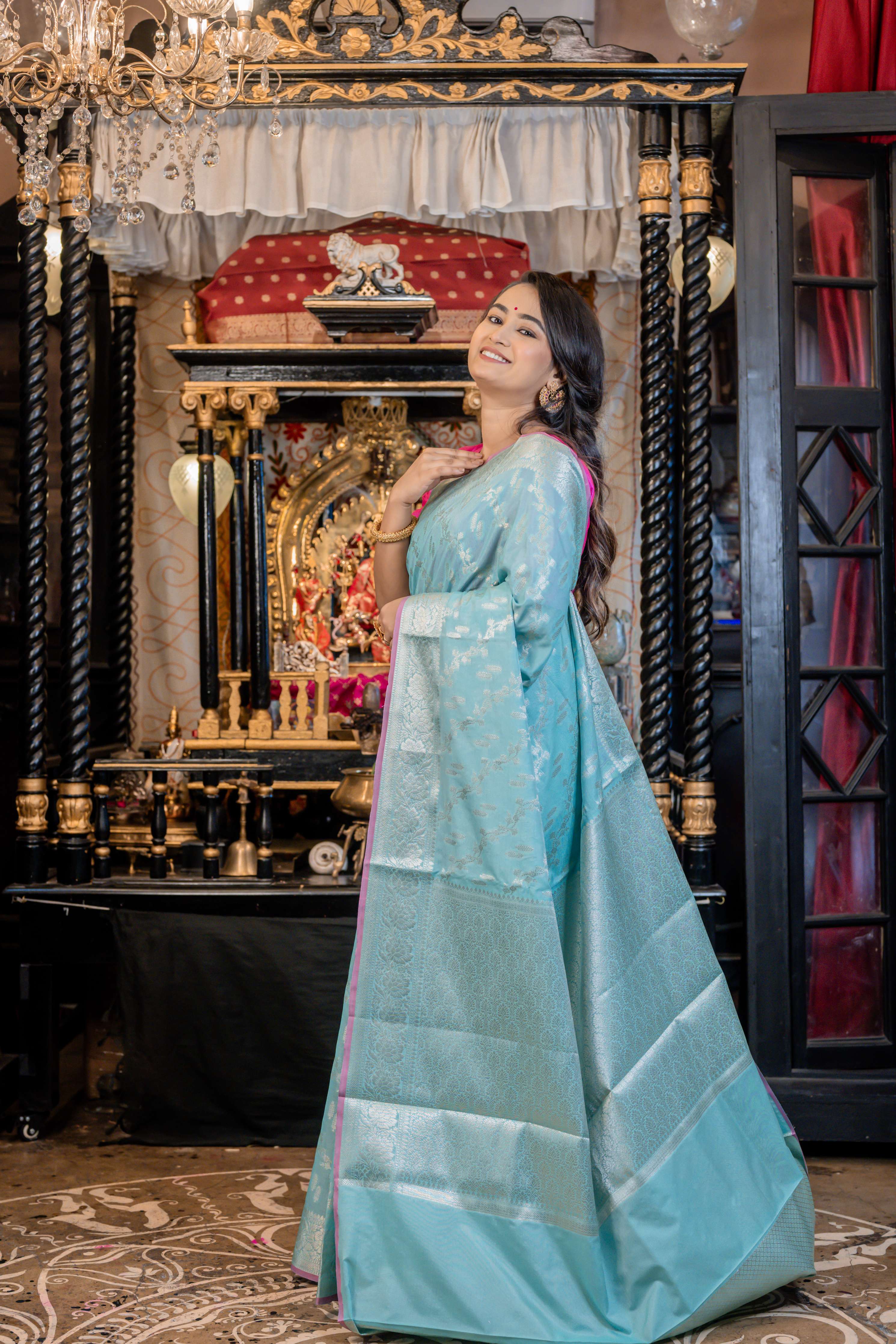 Arvi || Sea Green Cotton Silk Banarasi Saree All Over Jaal & Buta in Silver Zari