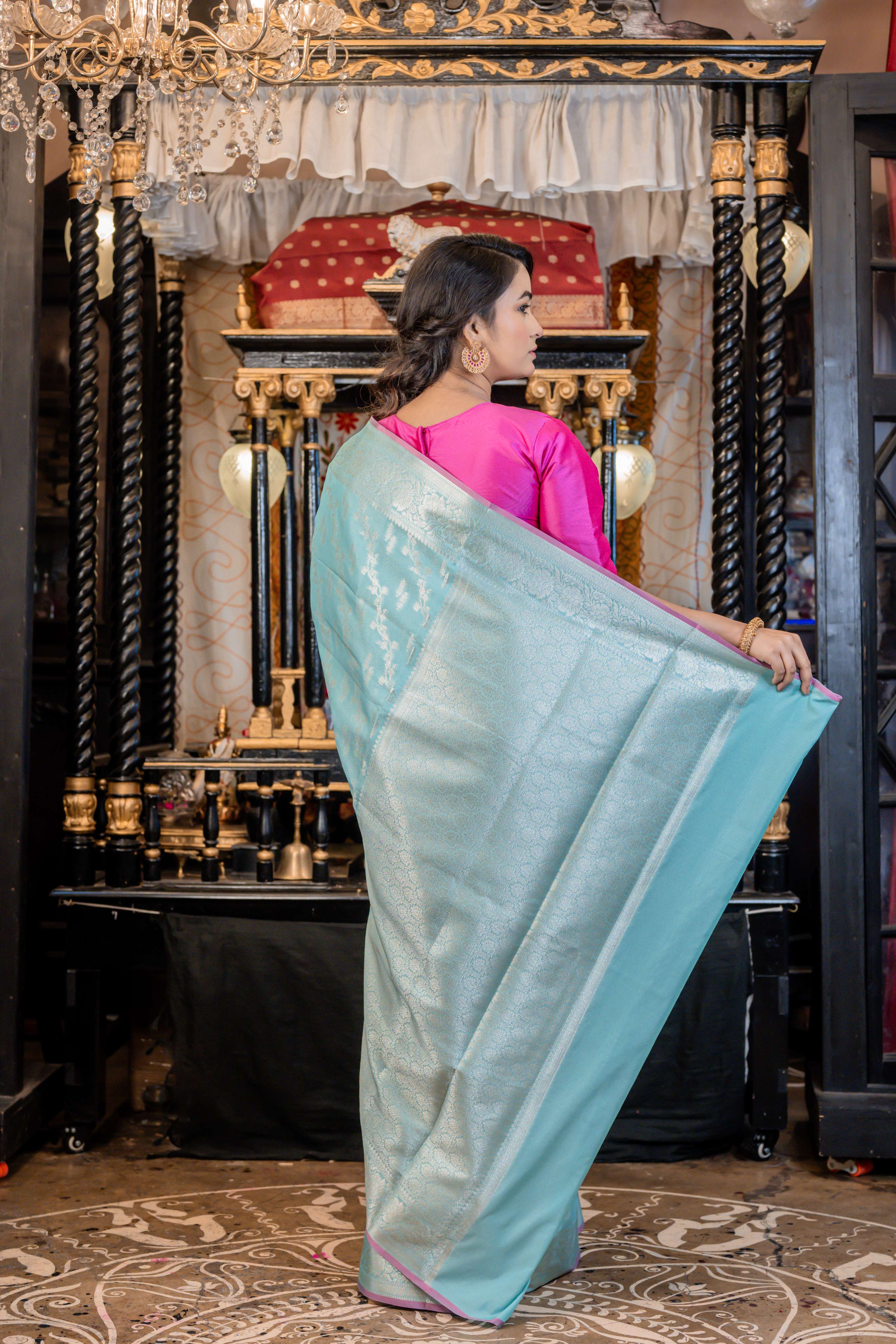 Arvi || Sea Green Cotton Silk Banarasi Saree All Over Jaal & Buta in Silver Zari