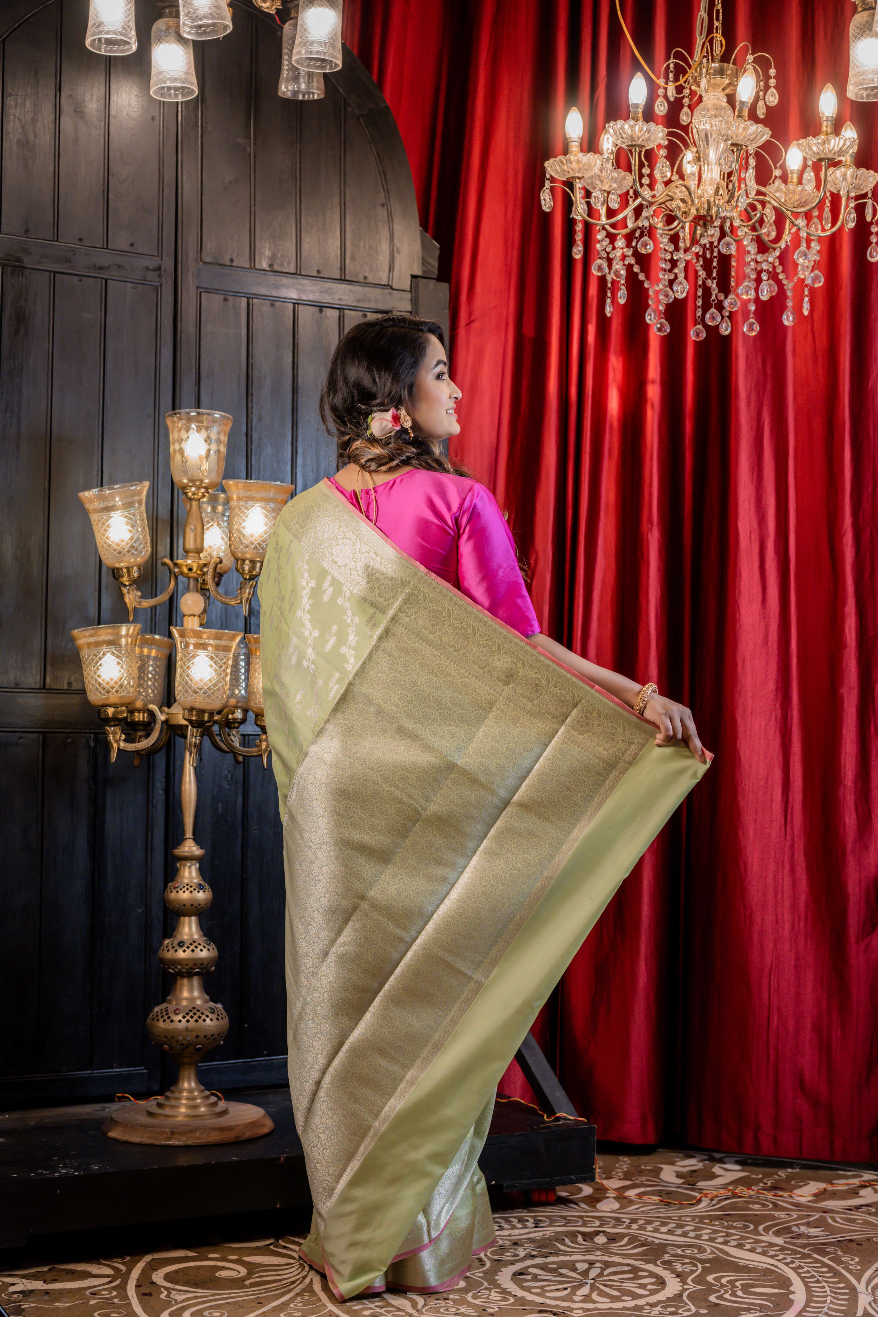 Pallavi || Pista Green Cotton Silk Banarasi Saree All Over Jaal & Buta in Silver Zari