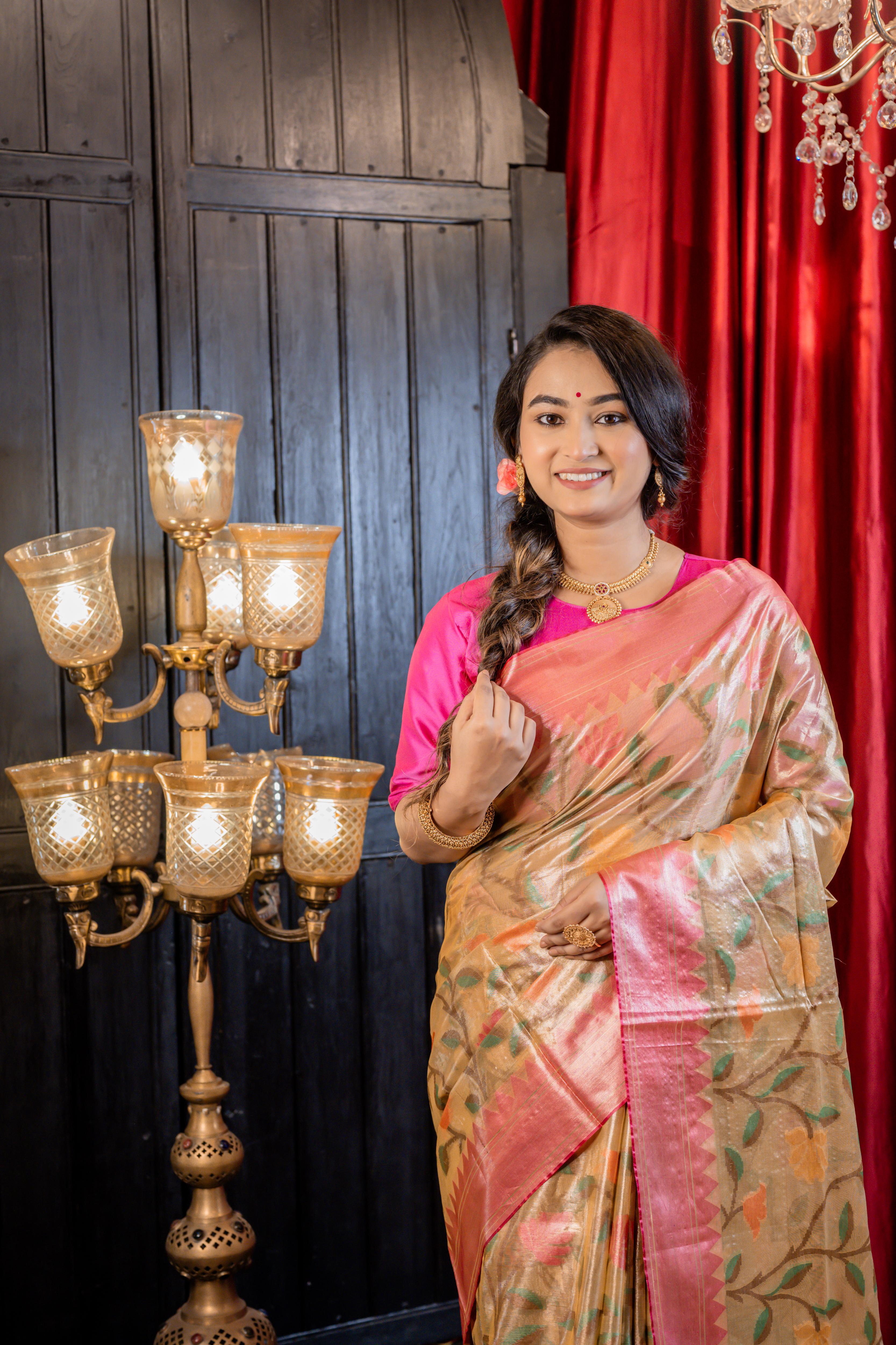 Ishya || Light Gold Pure Tissue Banarasi Handloom Saree with all over Multi-colour Floral Jaal, Magenta Pink border & Antique Gold Pallu