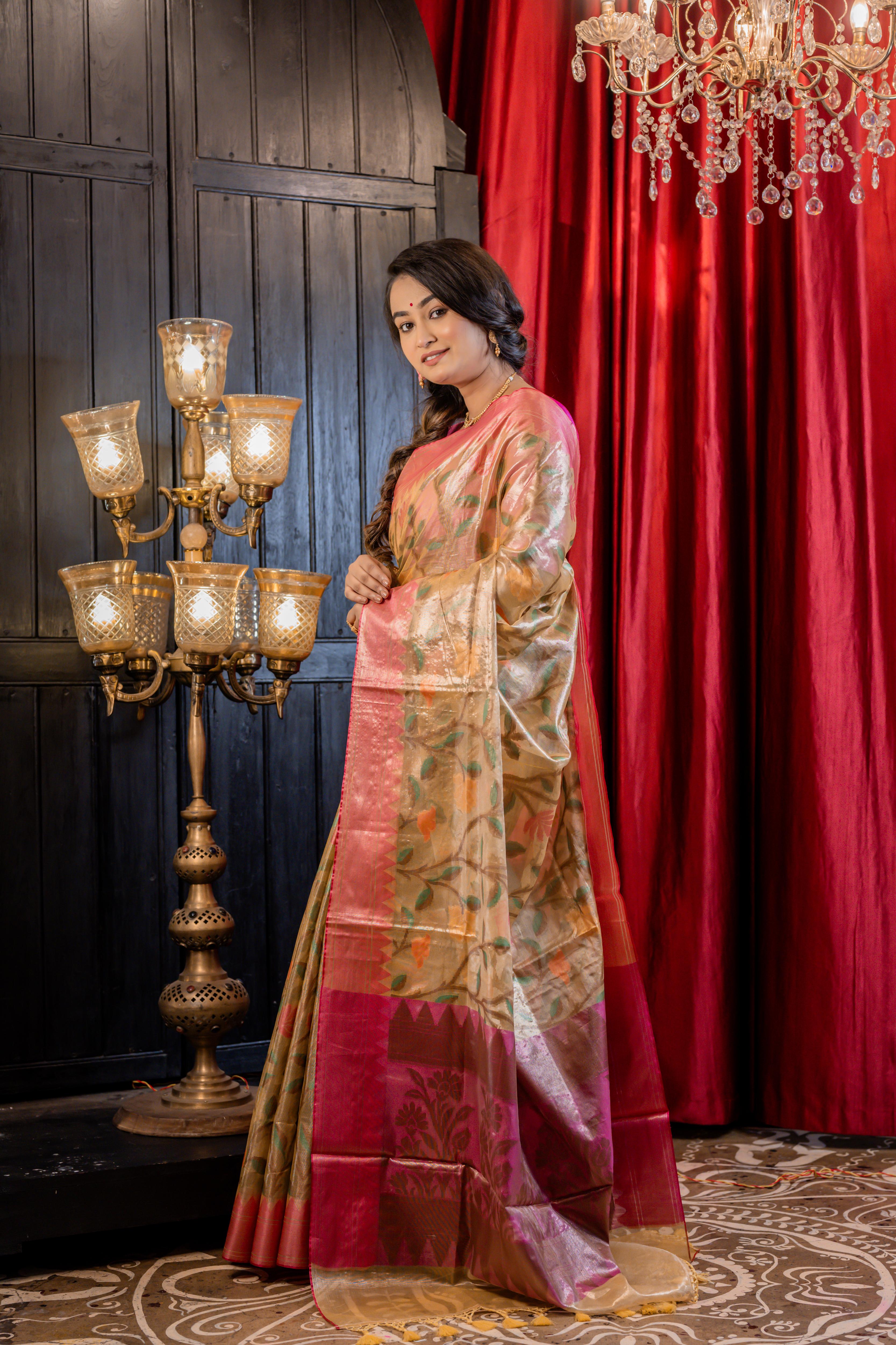 Ishya || Light Gold Pure Tissue Banarasi Handloom Saree with all over Multi-colour Floral Jaal, Magenta Pink border & Antique Gold Pallu