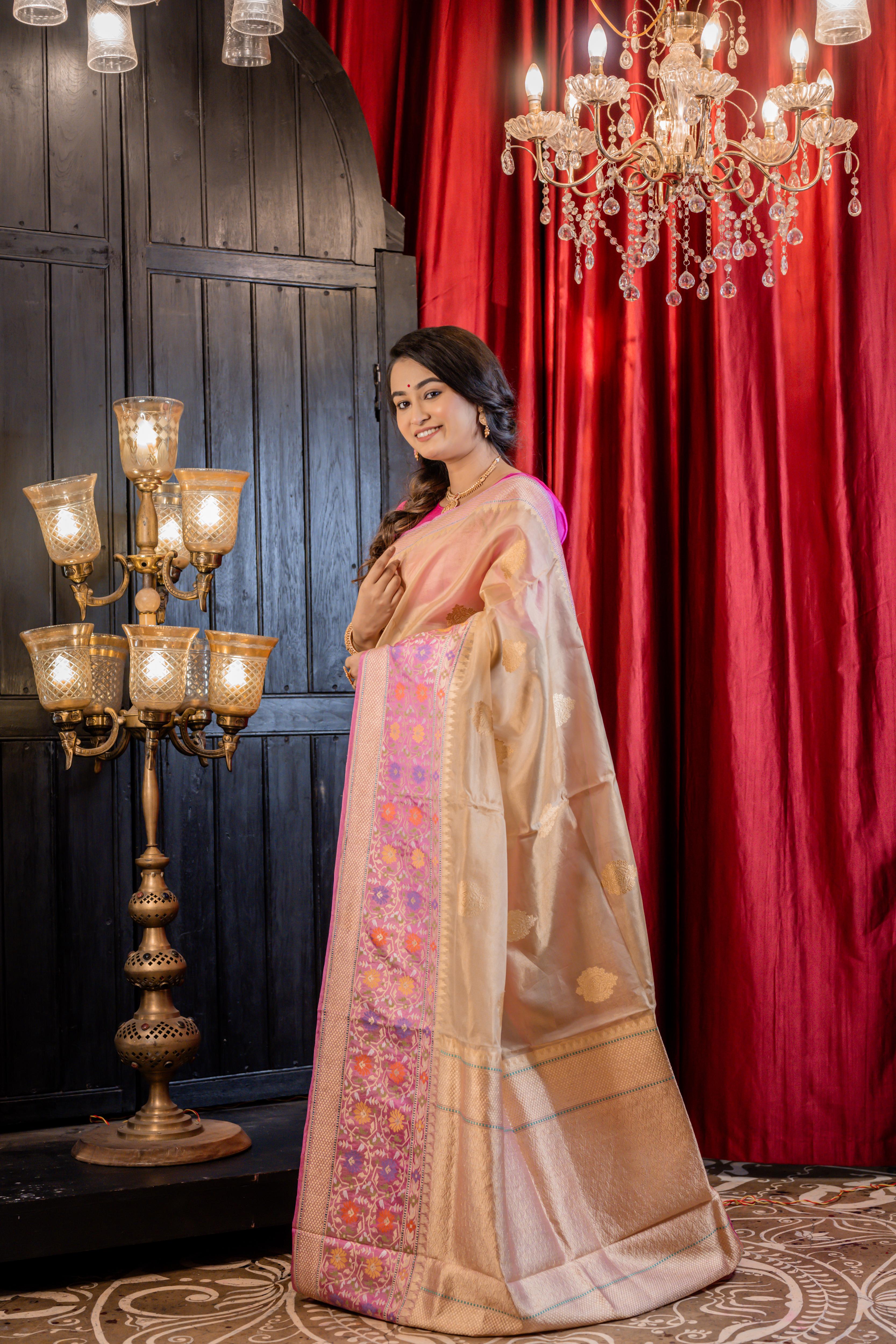 Kanaka || Light Golden & Peach Brown dual tone Pure Tissue Handloom Silk Banarasi Saree with all over Gold Zari Buta and Onion Pink Meenakari Floral Paithani Border