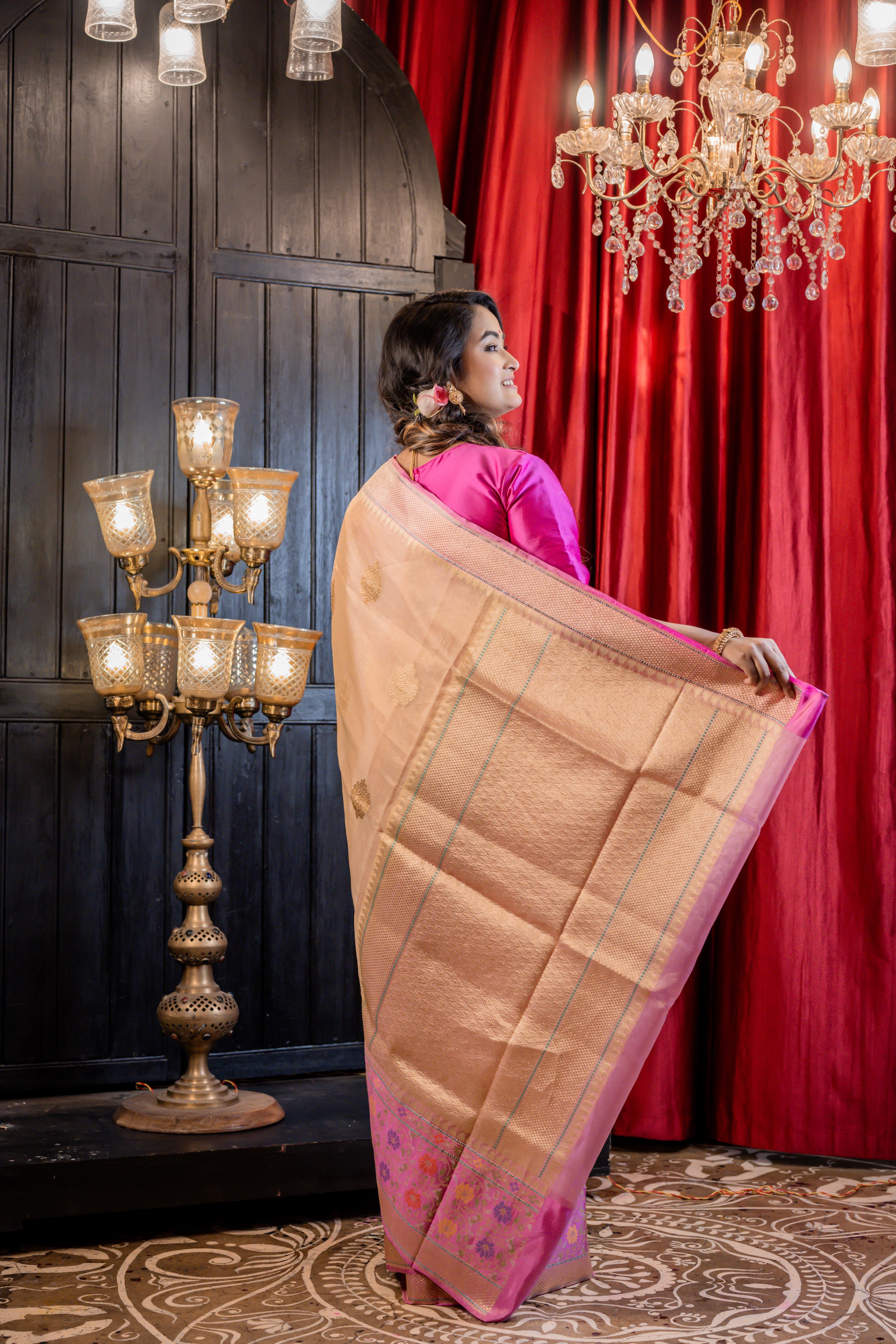 Kanaka || Light Golden & Peach Brown dual tone Pure Tissue Handloom Silk Banarasi Saree with all over Gold Zari Buta and Onion Pink Meenakari Floral Paithani Border