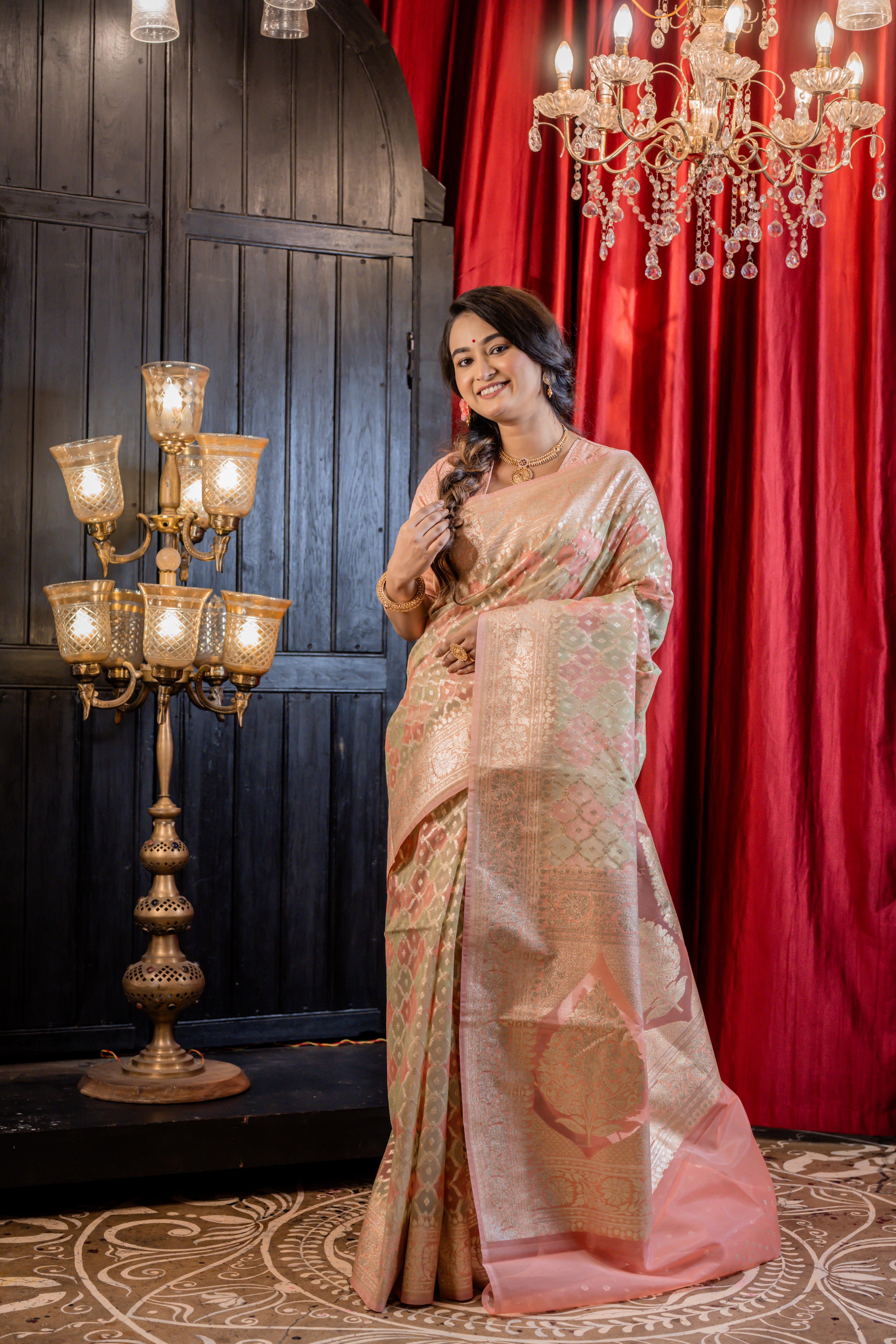 Lehak || Mint Green & Dusty Pink Rangkaat Pure Organza Banarasi Saree with all over Matte Gold Zari Buti and Jaal