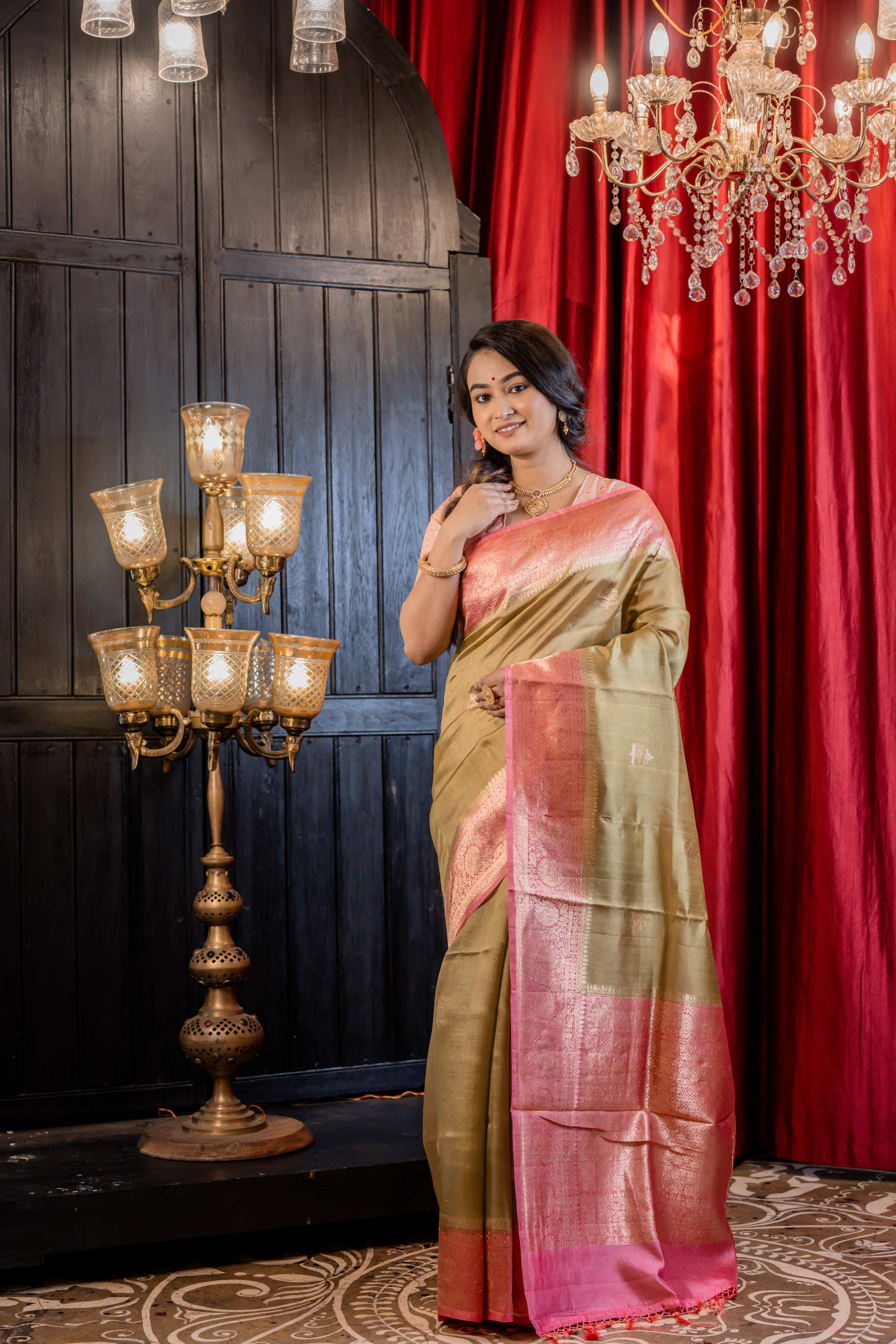 Hema || Light Golden Olive Pure Raw Mango Silk Handloom Banarasi Saree with all over Antique Gold Zari Kadhua Buta and French Dusty Rose Pink border