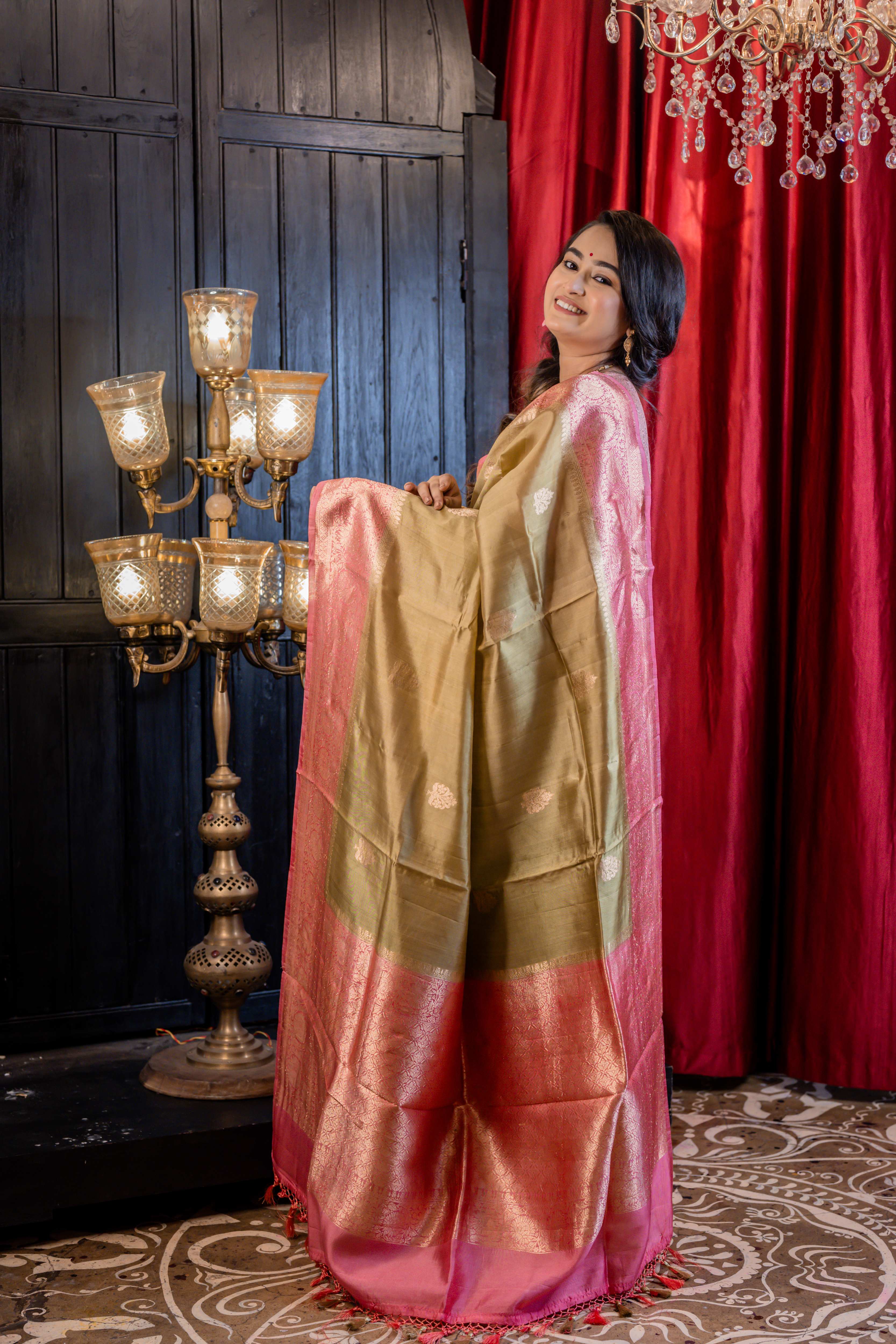 Hema || Light Golden Olive Pure Raw Mango Silk Handloom Banarasi Saree with all over Antique Gold Zari Kadhua Buta and French Dusty Rose Pink border