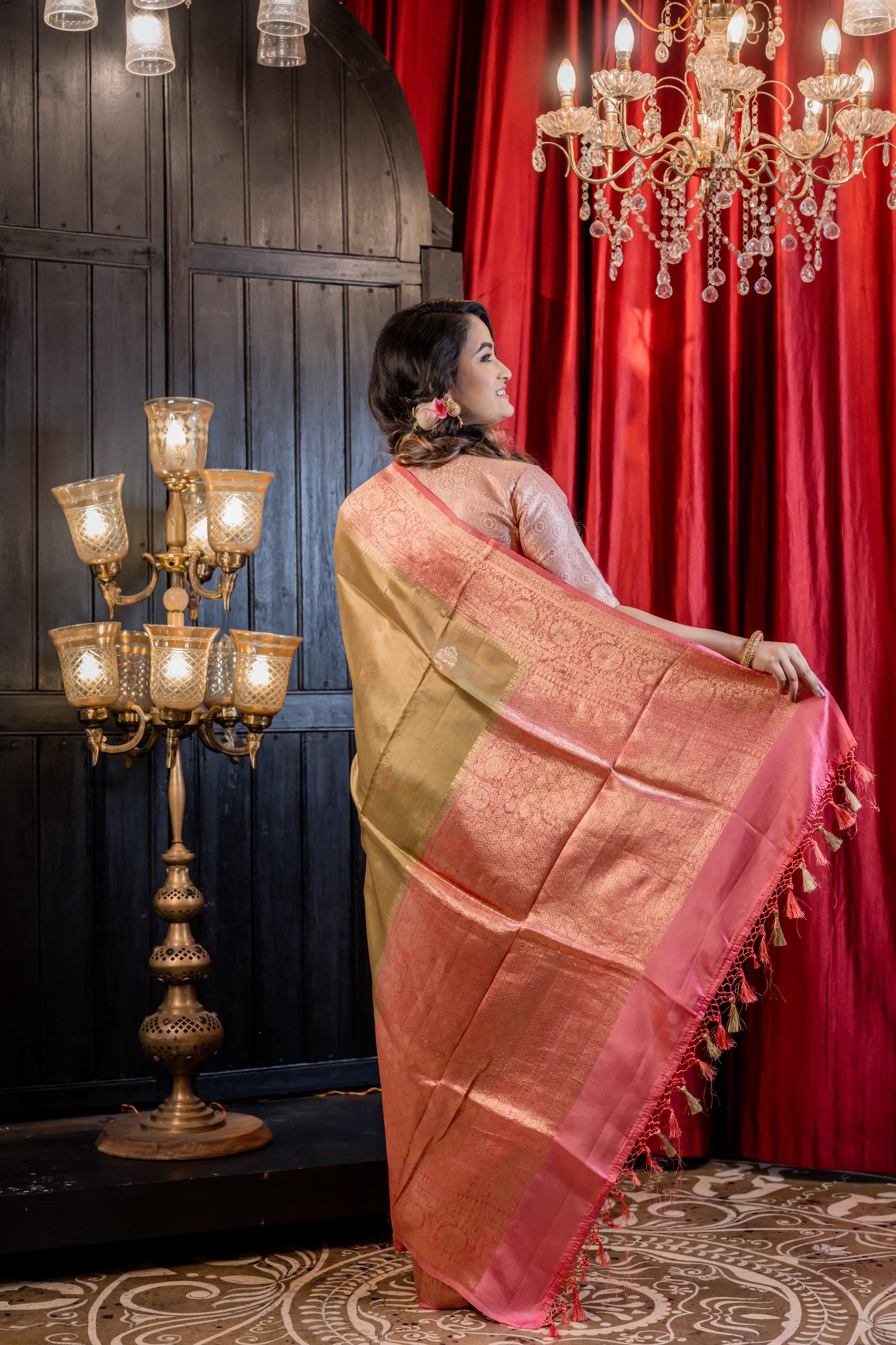Hema || Light Golden Olive Pure Raw Mango Silk Handloom Banarasi Saree with all over Antique Gold Zari Kadhua Buta and French Dusty Rose Pink border