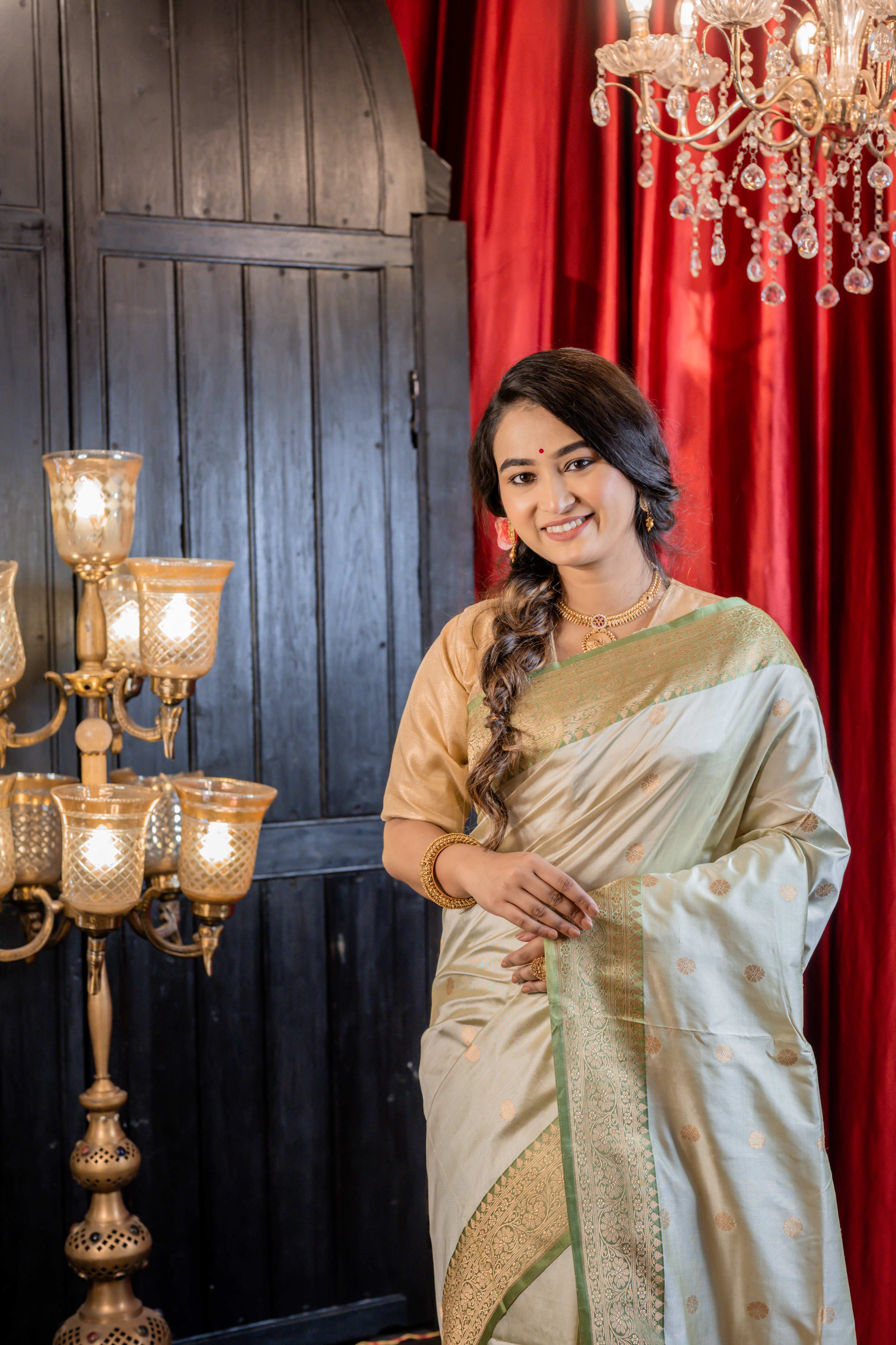 Vaidehi || Mint Green Pure Katan Handloom Banarasi Saree with all over Gold Zari Kadhua Buta and Pastel Green border