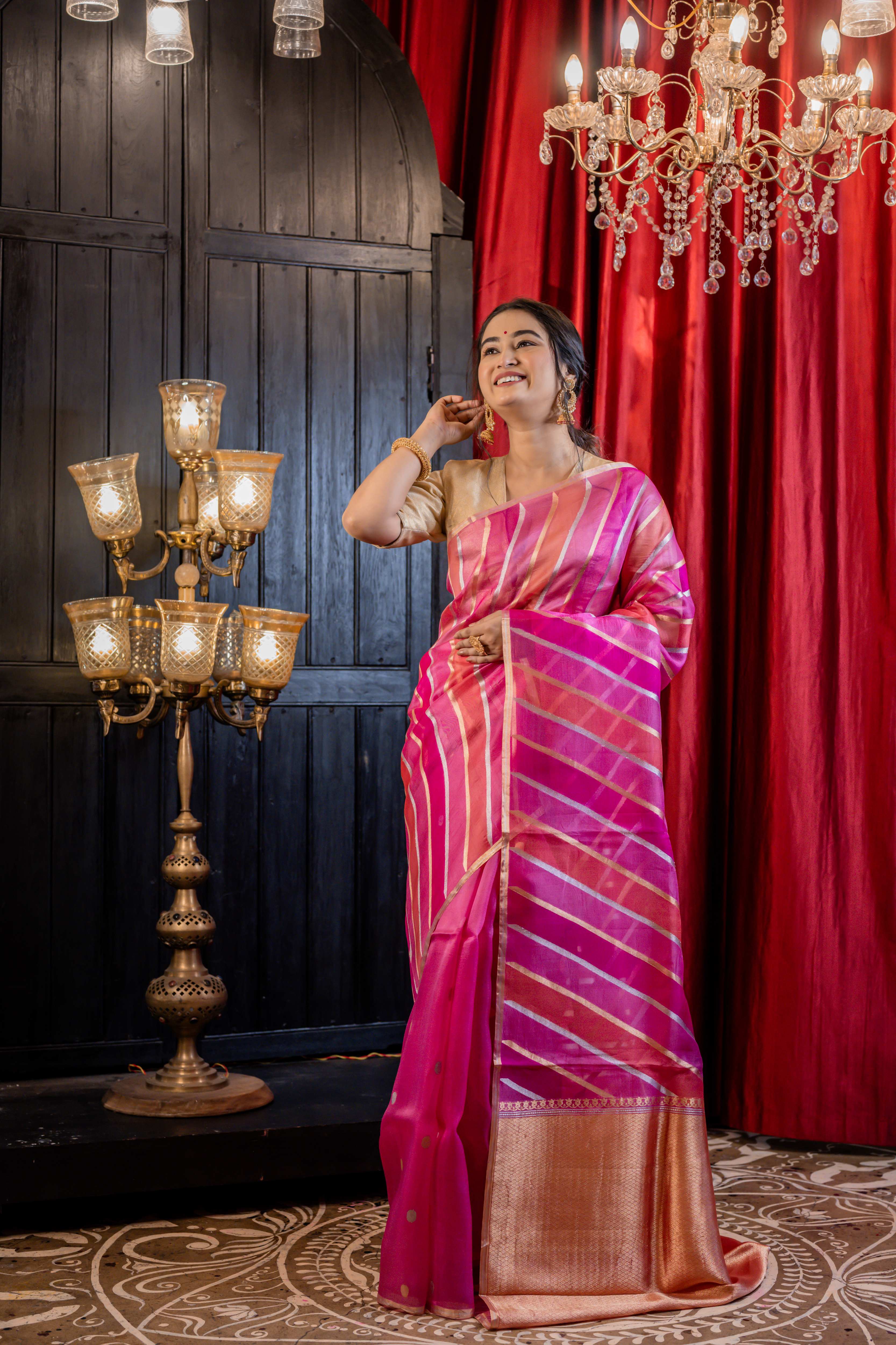 Kashish || Magenta, Onion Pink & Watermelon Pink Rangkaat Kora Silk Handloom Banarasi Saree with half & half 'Sona-Rupa' Zari Kadhua Buta and Stripes