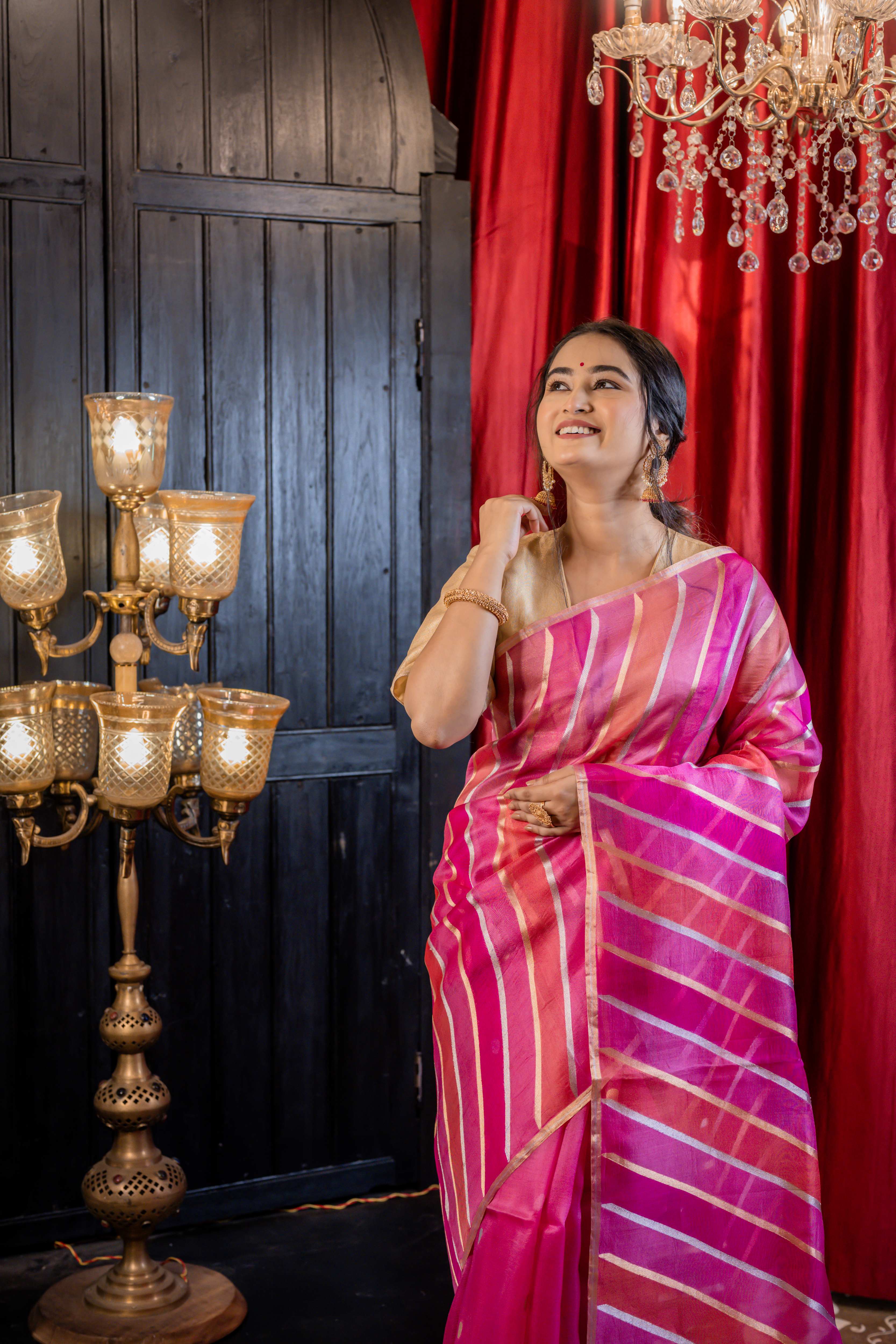 Kashish || Magenta, Onion Pink & Watermelon Pink Rangkaat Kora Silk Handloom Banarasi Saree with half & half 'Sona-Rupa' Zari Kadhua Buta and Stripes