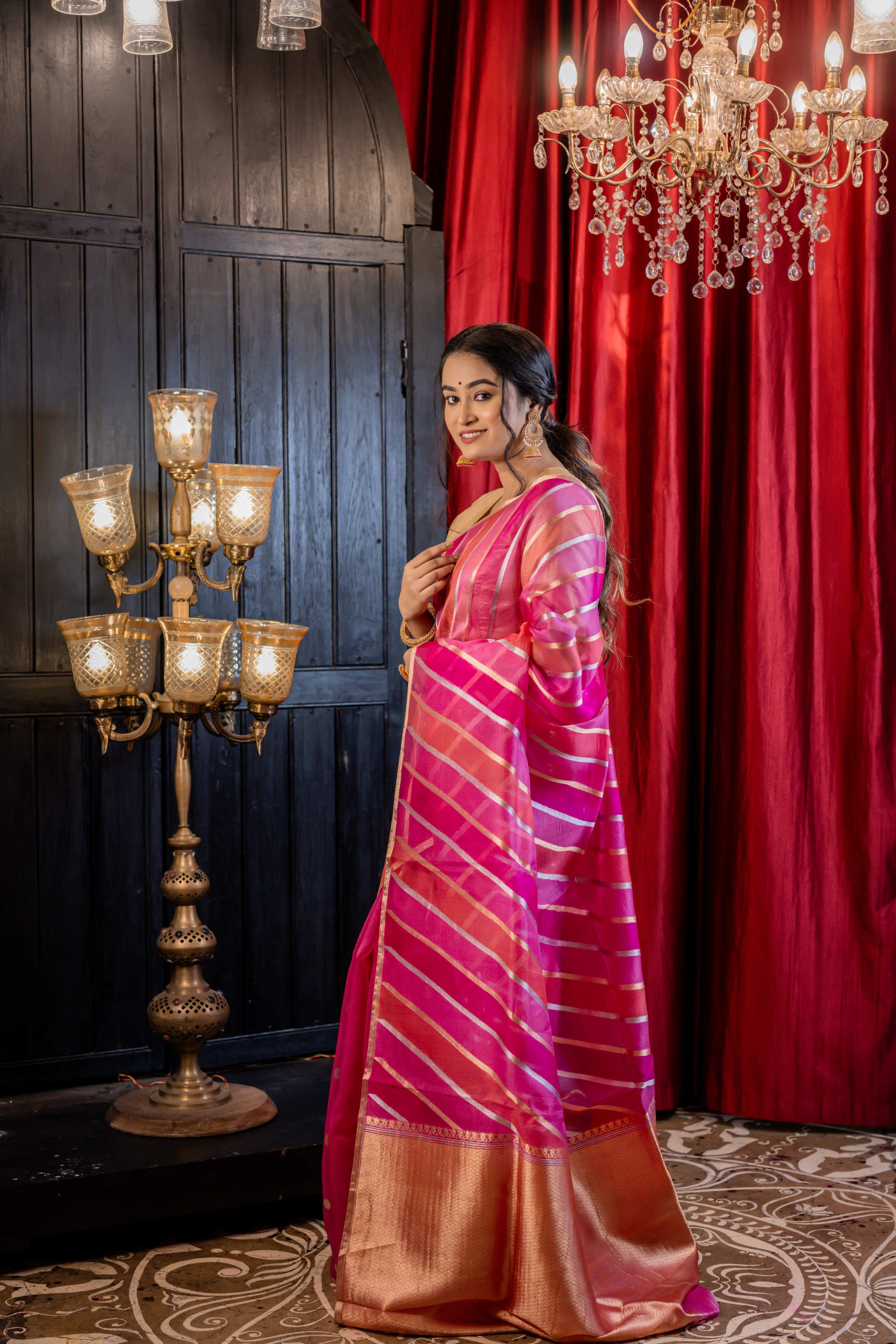Kashish || Magenta, Onion Pink & Watermelon Pink Rangkaat Kora Silk Handloom Banarasi Saree with half & half 'Sona-Rupa' Zari Kadhua Buta and Stripes