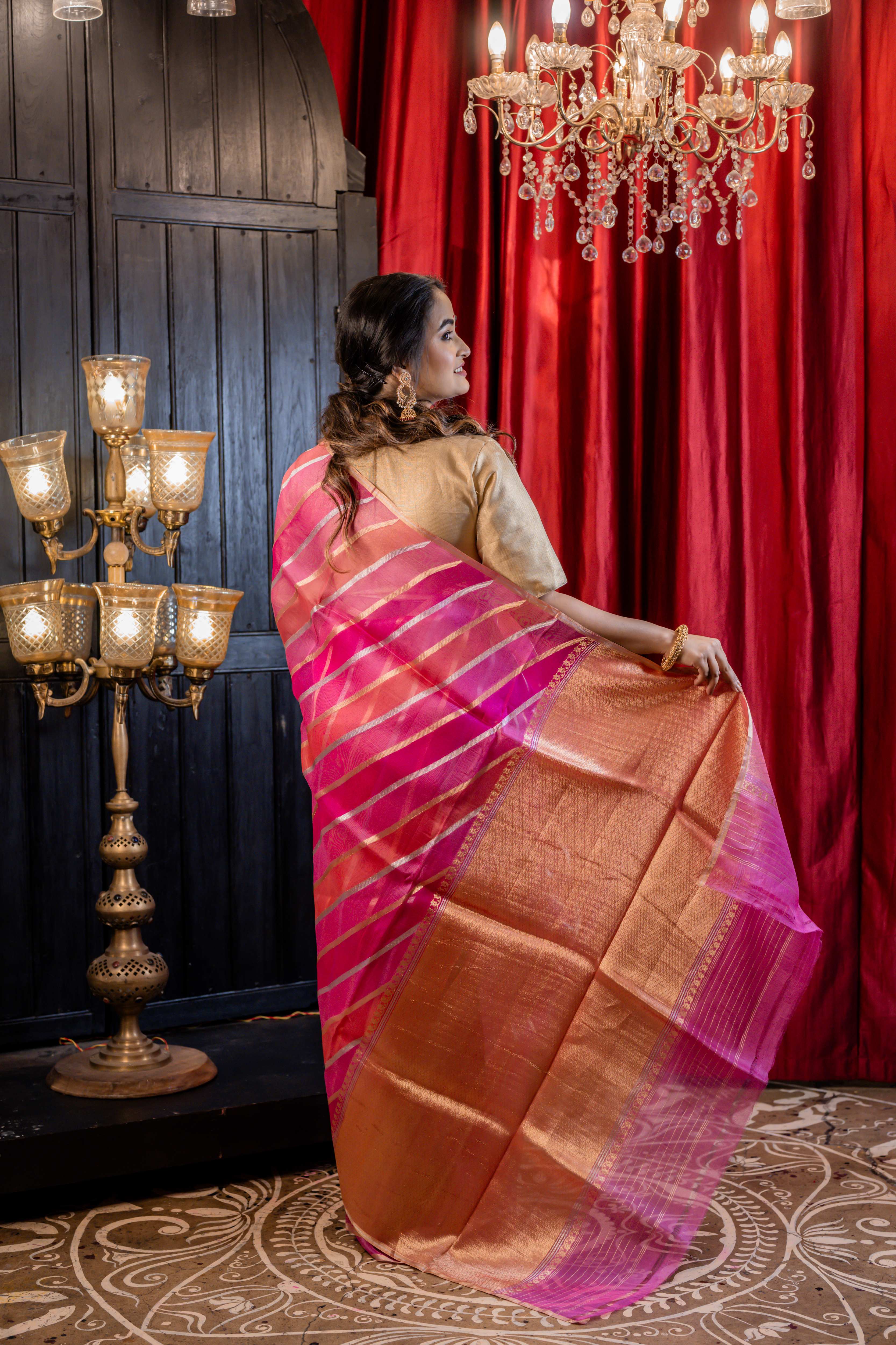 Kashish || Magenta, Onion Pink & Watermelon Pink Rangkaat Kora Silk Handloom Banarasi Saree with half & half 'Sona-Rupa' Zari Kadhua Buta and Stripes