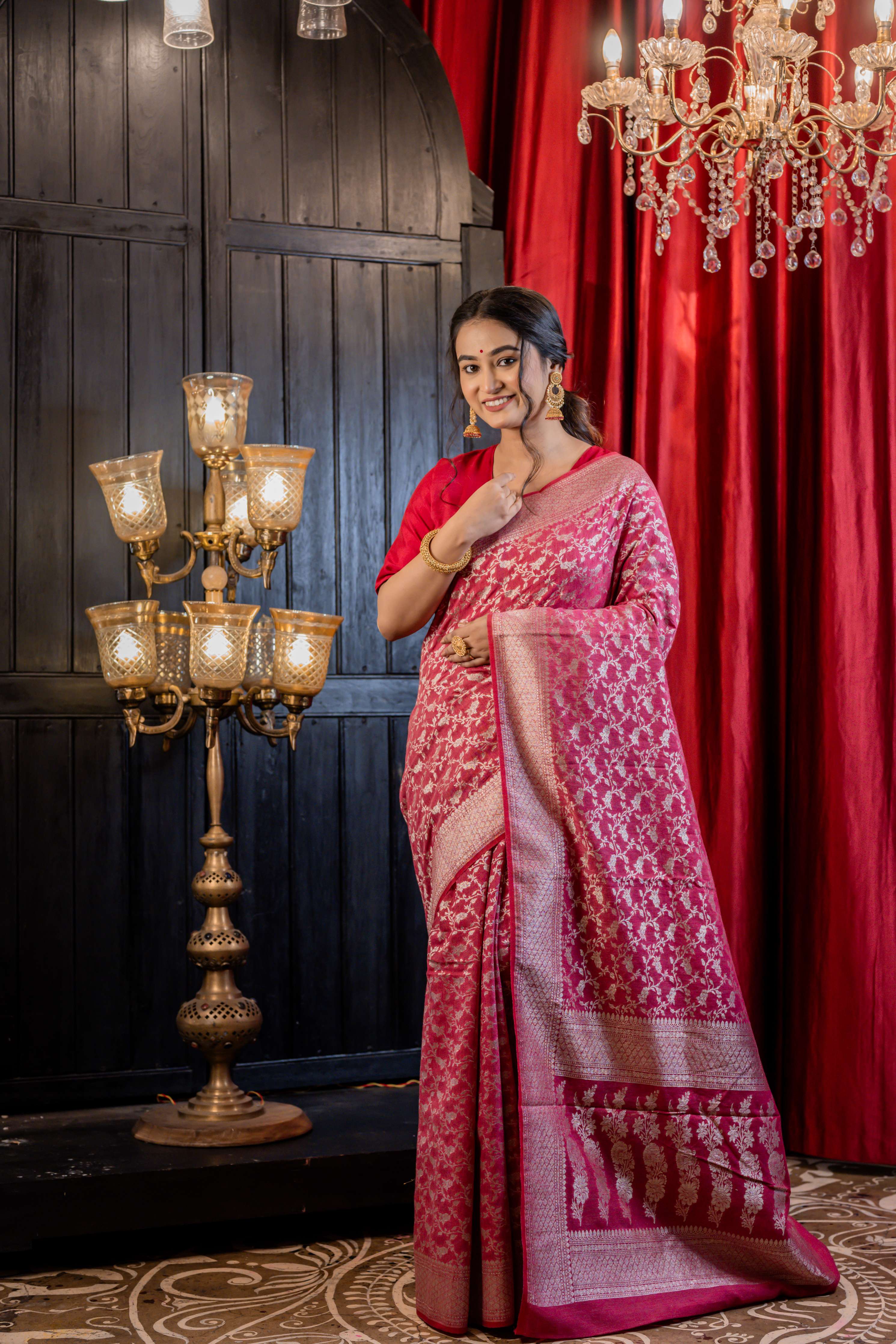 Mridula || Beetroot Pink Munga Banarasi Saree with all over Jaal woven in Silver Zari