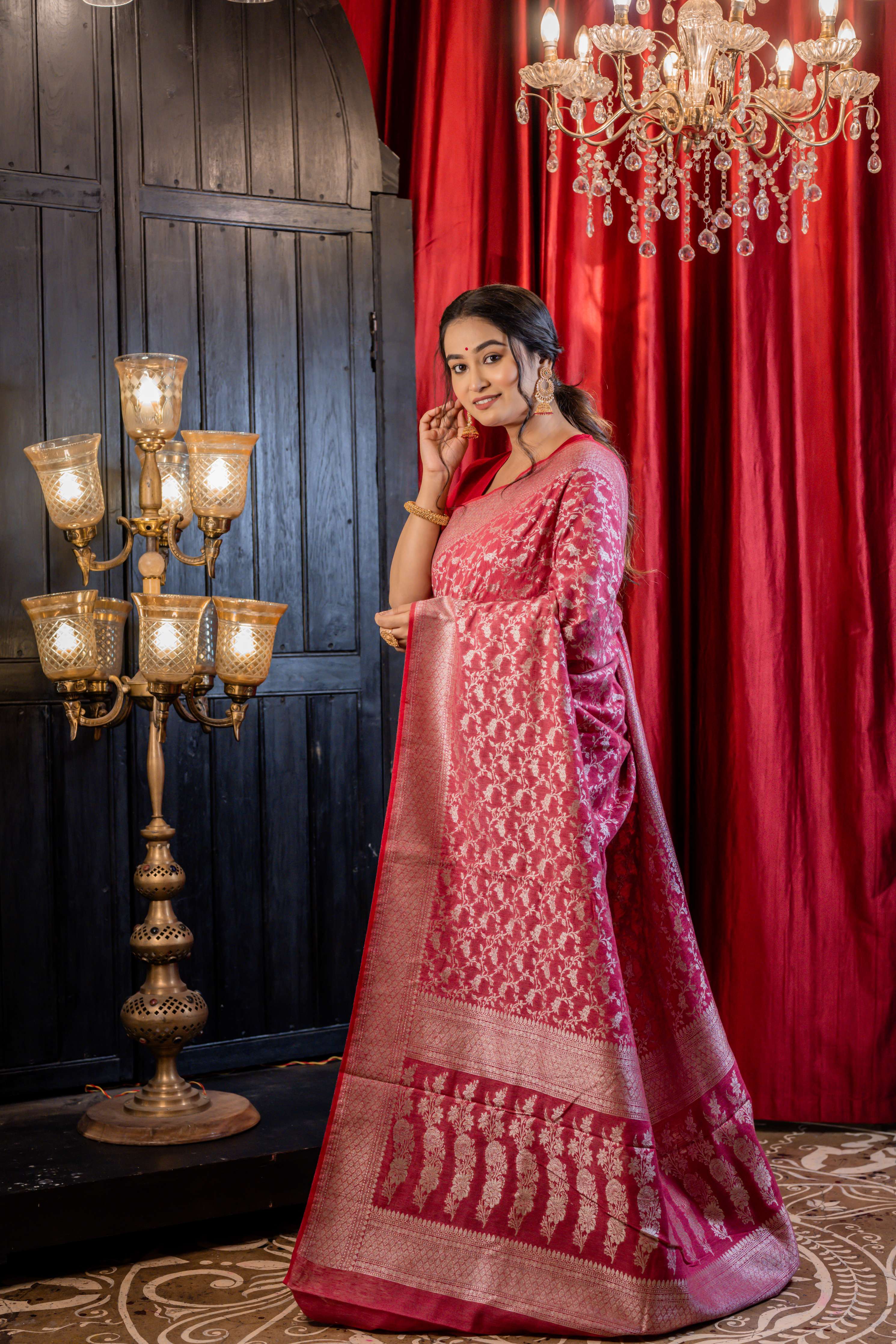 Mridula || Beetroot Pink Munga Banarasi Saree with all over Jaal woven in Silver Zari