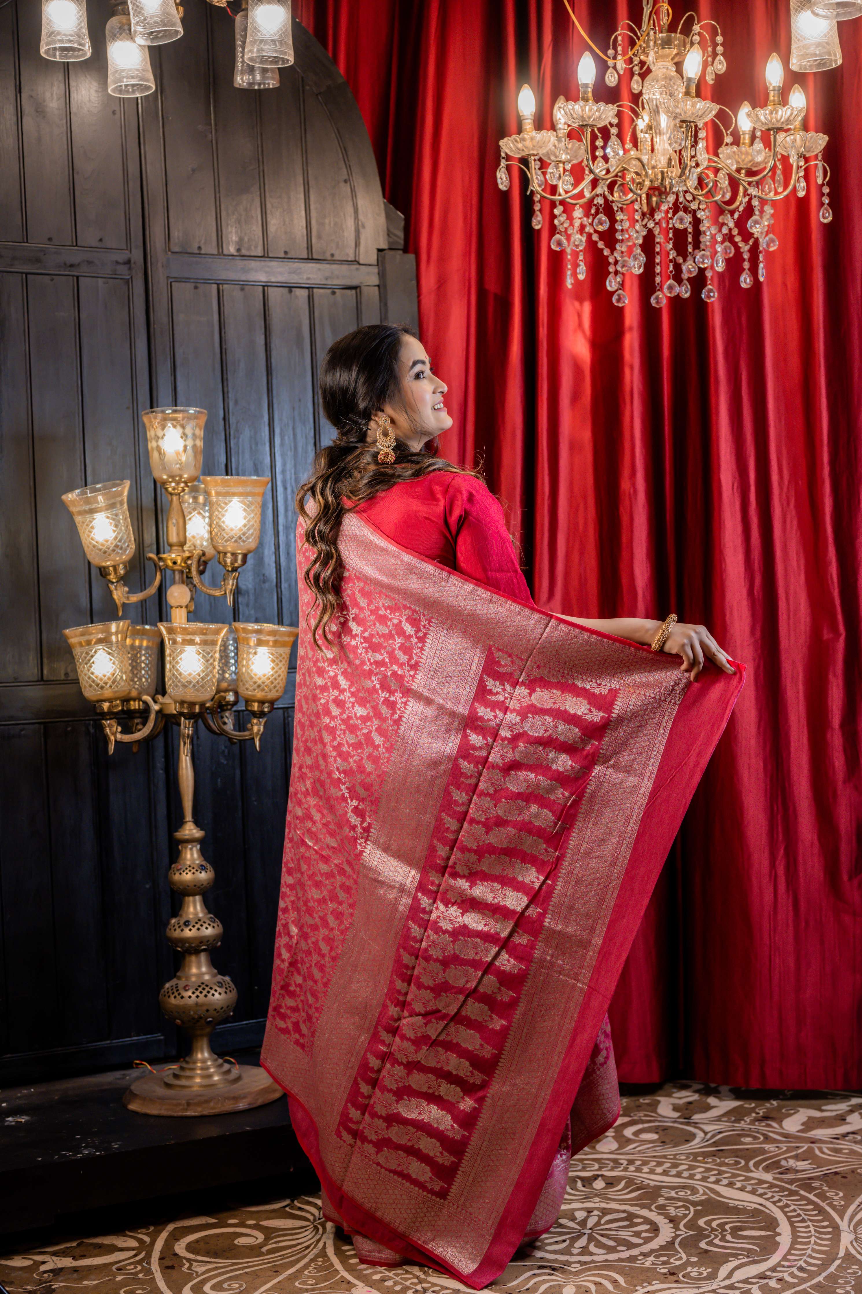 Mridula || Beetroot Pink Munga Banarasi Saree with all over Jaal woven in Silver Zari