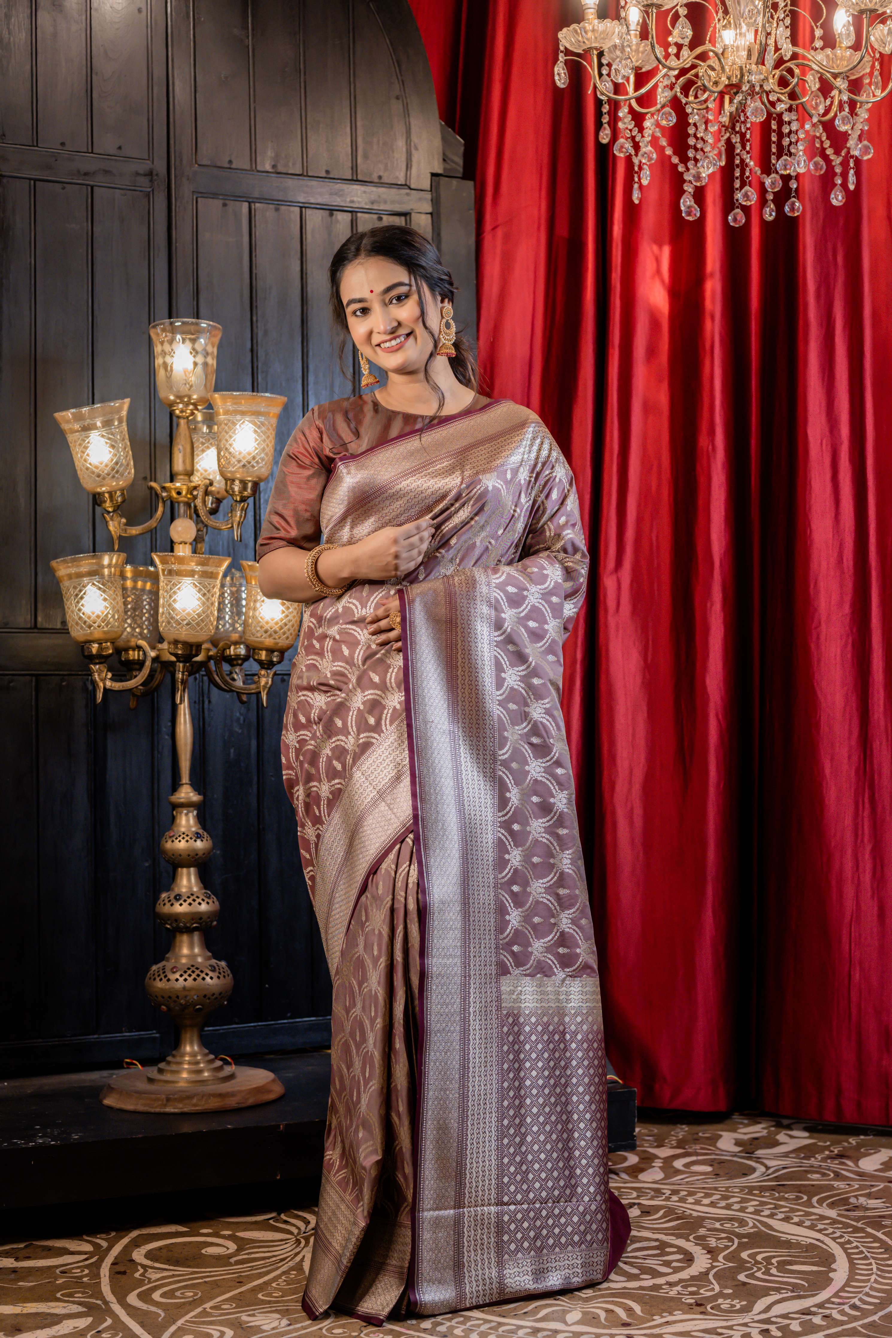 Anvita || Taupe Brown Soft Katan Banarasi Saree with all over Buta & Jaal in Matte Gold Zari and Brocade border